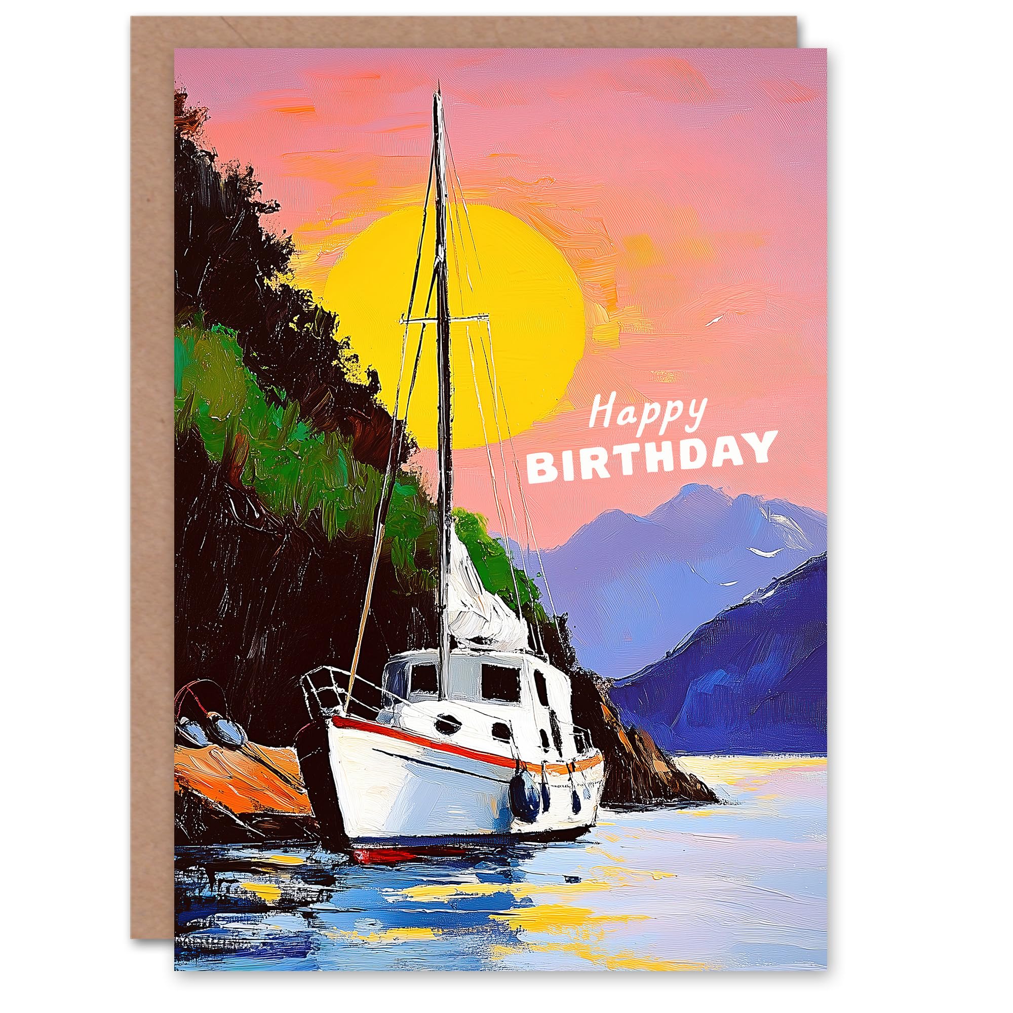 Artery8 Birthday Card Docked Sailboat Harbour Sunset Coastal Landscape Blank For Him Or Her Art Greeting Card