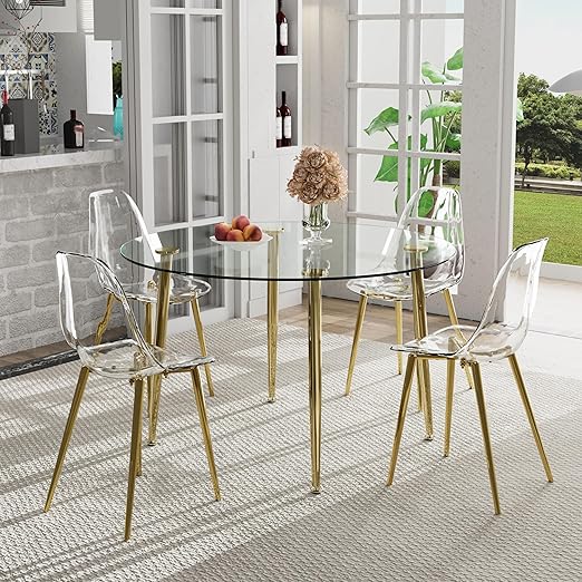 HAIZAO Golden Clear Round Glass Dining Table Set, 5 Piece