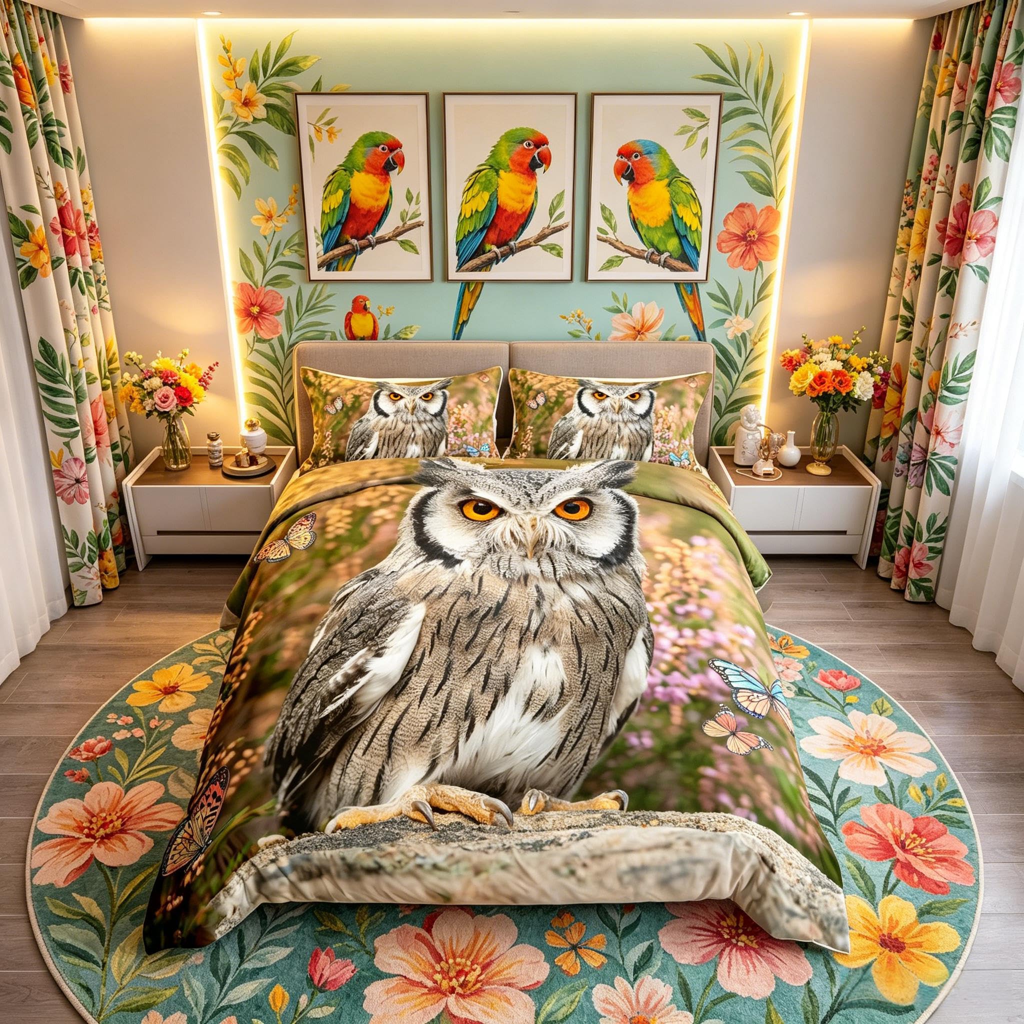 richhome Owl Bird Duvet Cover 2 pieces,Wild Owl Standing Tree Branch Comforter Cover for Kids Boys Girls,Pink Purple Flowers with Butterfly Ultra Soft Bedspread Bedroom Decor Quilt Cover Single Size