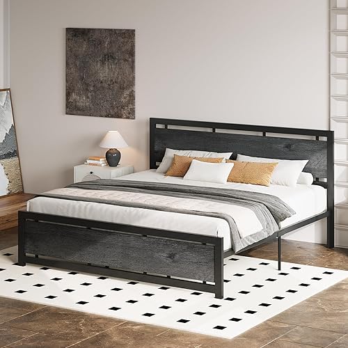 Miniatura 21 de LIKIMIO - Base de cama de plataforma tamaño King con cabecera de madera estilo industrial y 12 fuertes patas de metal de soporte, fácil de montar,