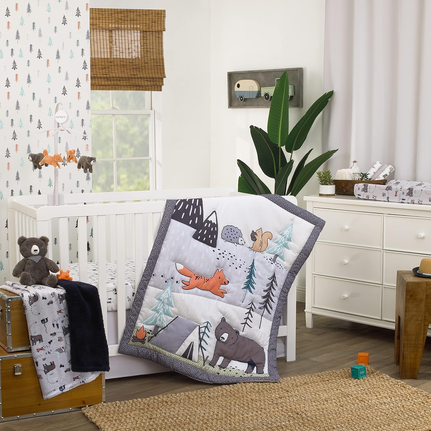 NoJo Carter's Woodland Friends Gray Multi Colored Bear and Fox, Squirrel, Tree, Tent, and Campfire 3 Piece Nursery Crib Bedding Set - Comforter, Fitted Crib Sheet, and Crib Skirt