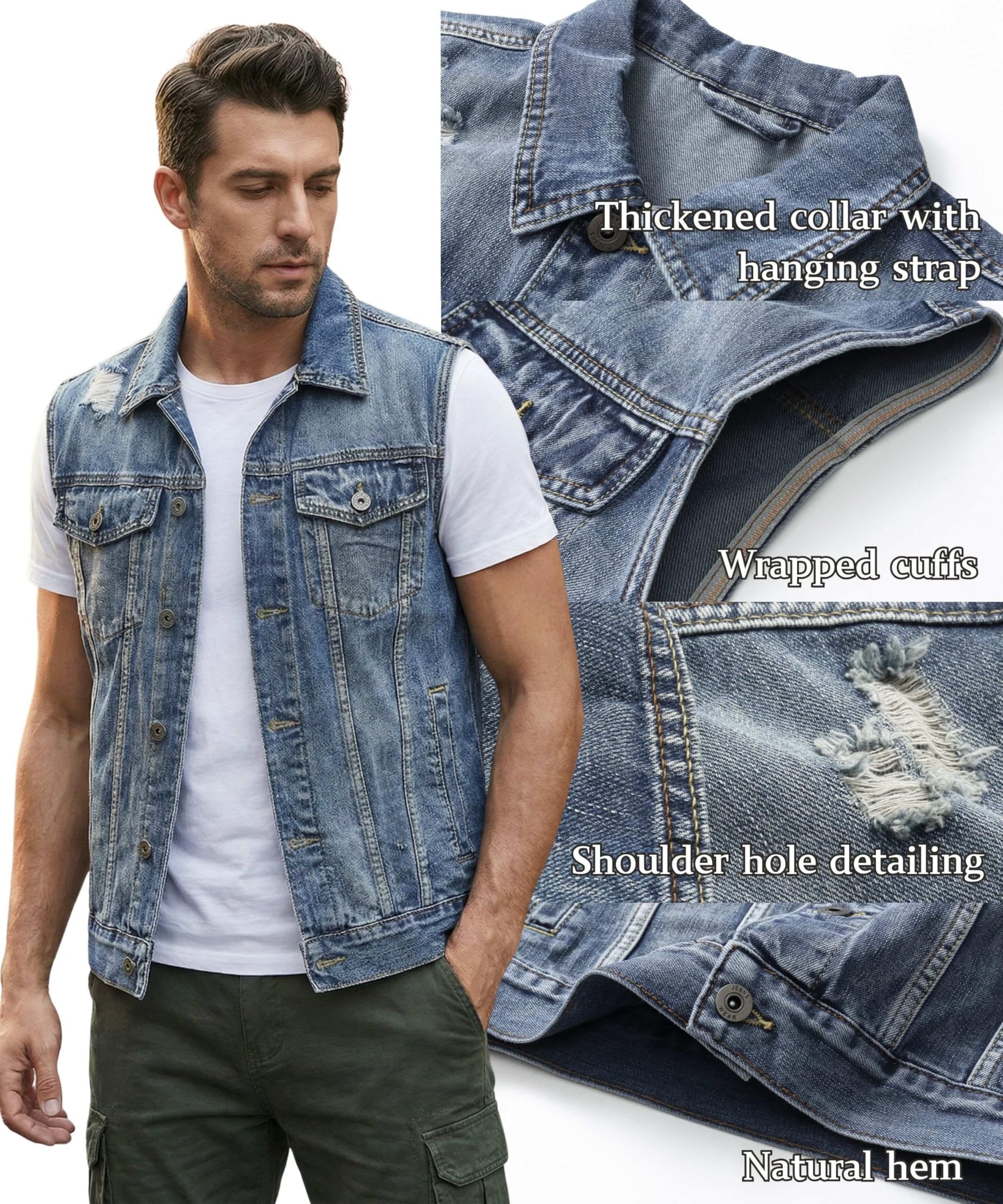 Gilet homme Denim Déchiré Rétro Cowboy Veste Décontractée Sans Manches Jean Veste de Moto Courte Denim Revers Vintage Gilet