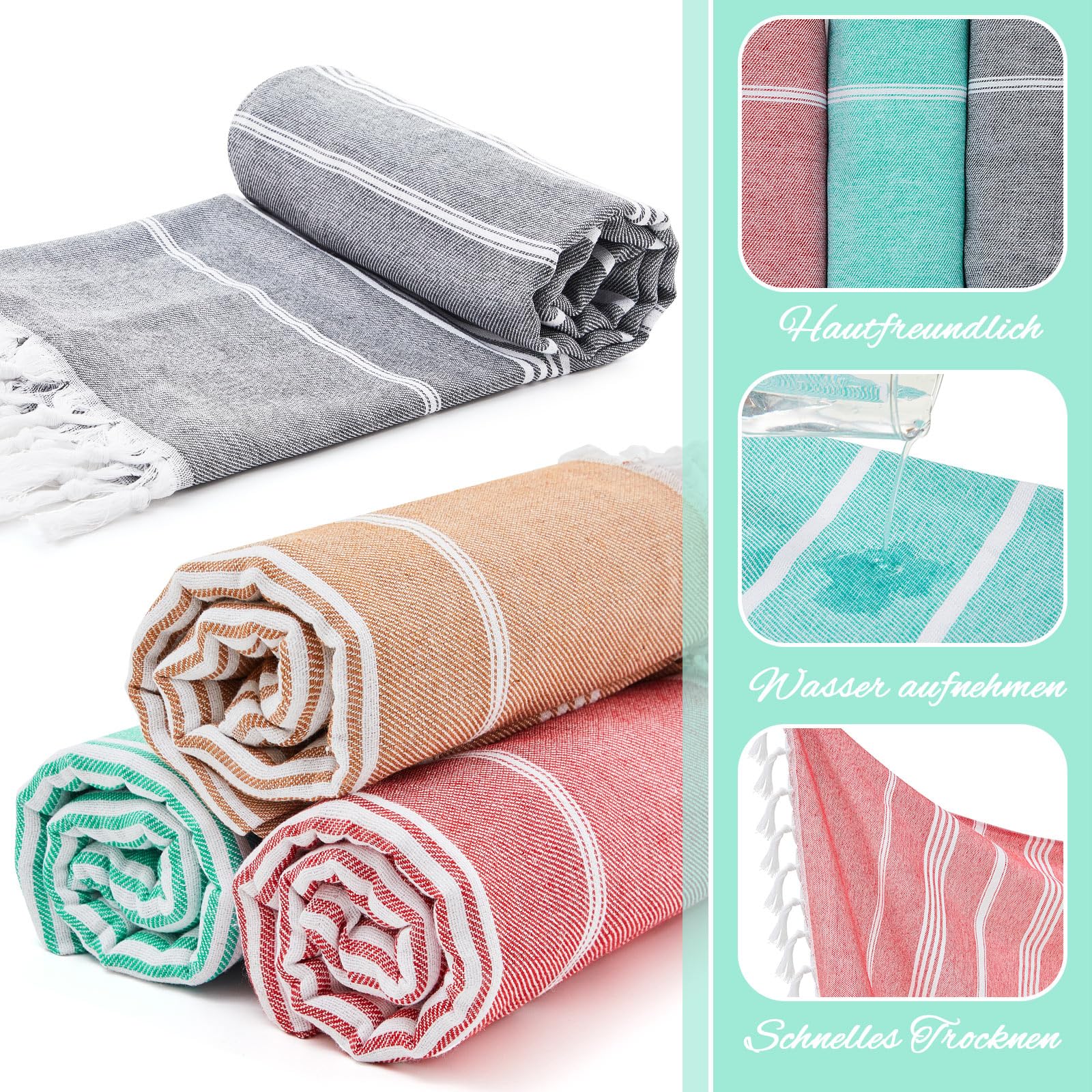 Nuenen 4 Pcs 90 x 200 cm Serviettes de Plage Douces Draps de Plage Absorbants Serviette de Hammam Turque Grandes Serviettes de Bain Compactes Légères pour Adultes, 4 Couleurs (Couleur Élégante)