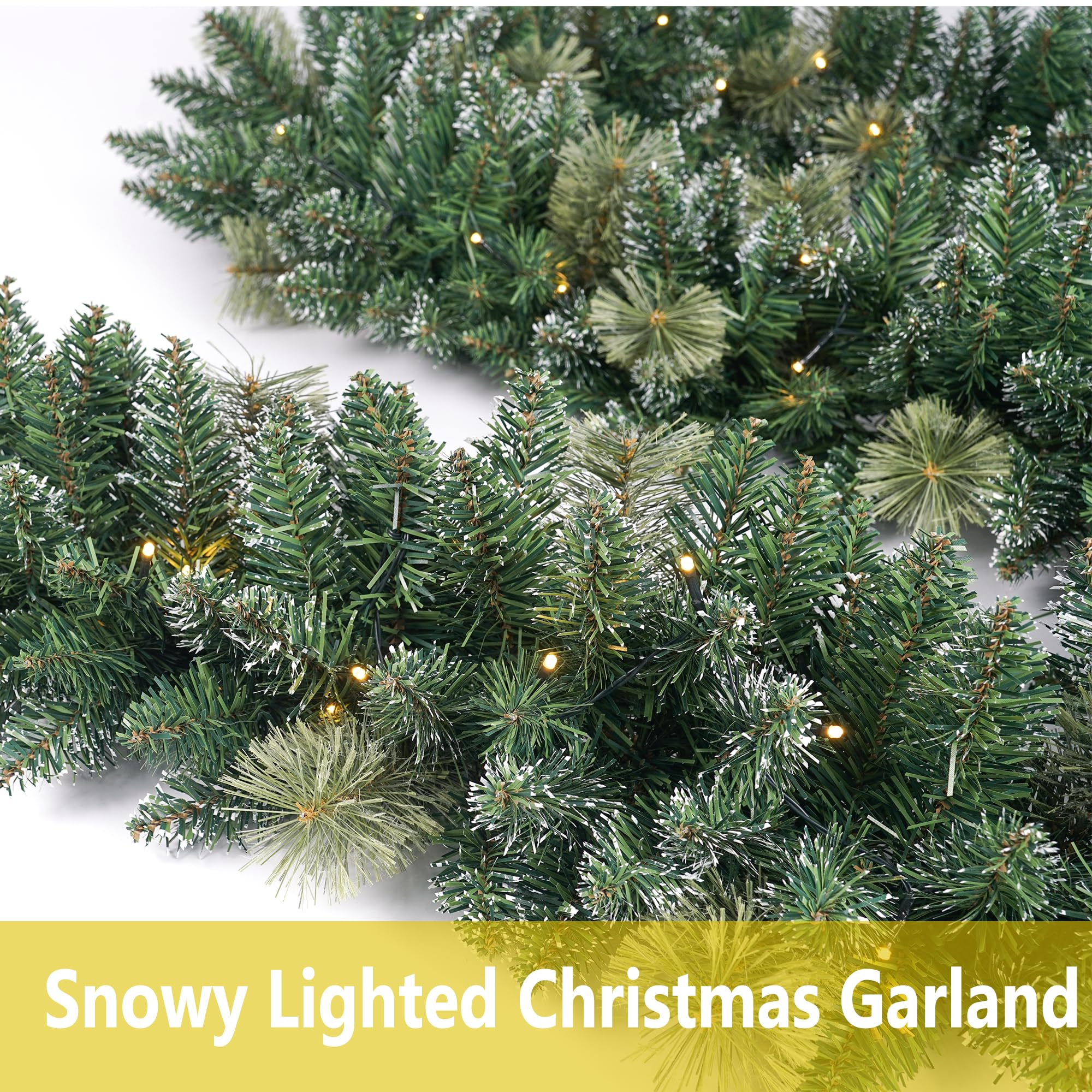 Guirlande de Noël pré-éclairée de 2,7 m avec 50 lumières LED, guirlande de Noël style neige, décoration de Noël à piles pour cheminée, escalier, intérieur et extérieur