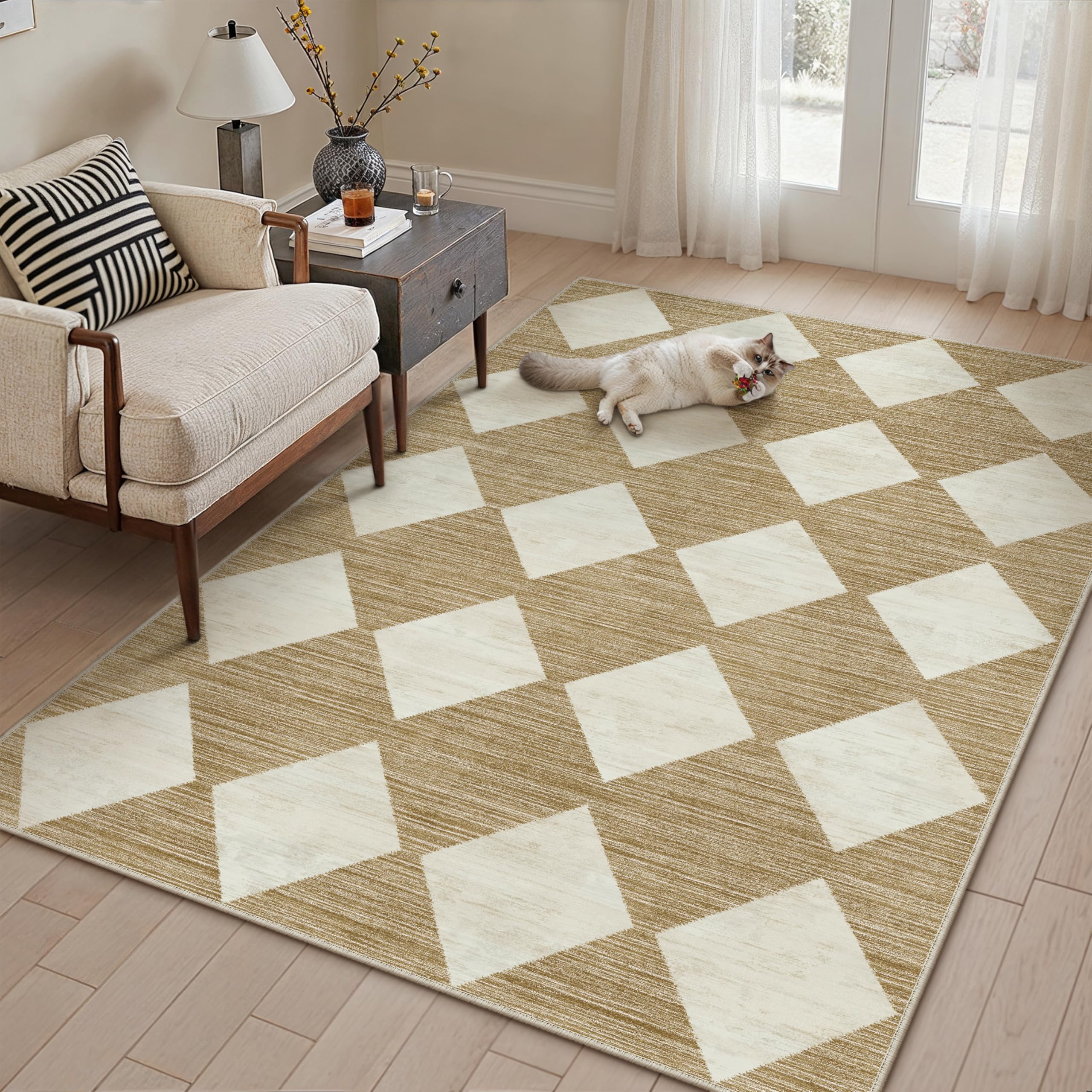 PureCozy Checkered Rugs for Bedroom Living Room 120x170cm, Neutral Soft Area Rugs with Non-Slip Backing, Machine Washable, Boho Moroccan Low-Pile for Kitchen Dining Room Laundry Office, Brown&White — image 1