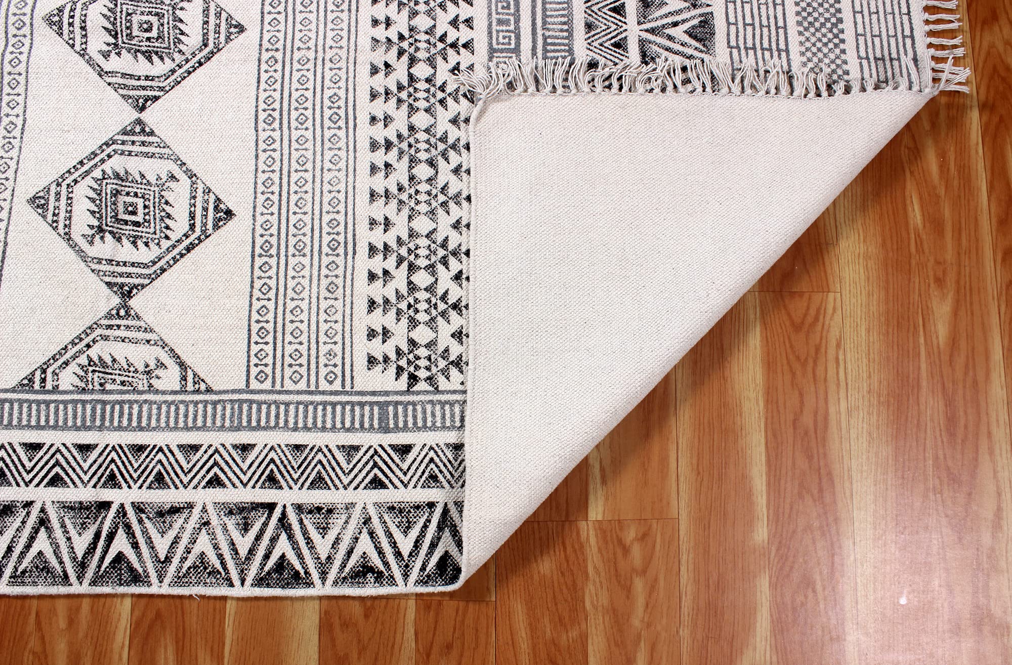 Kilim Bieżnik bawełniany o wymiarach 2,6 x 4, szary i beżowy, chodnik do wnętrz, na zewnątrz, 0,5 cm, kamień, zmywalny, ręczny, bawełniany dywan, chodnik boho, chodnik do kuchni, przy łóżku, na