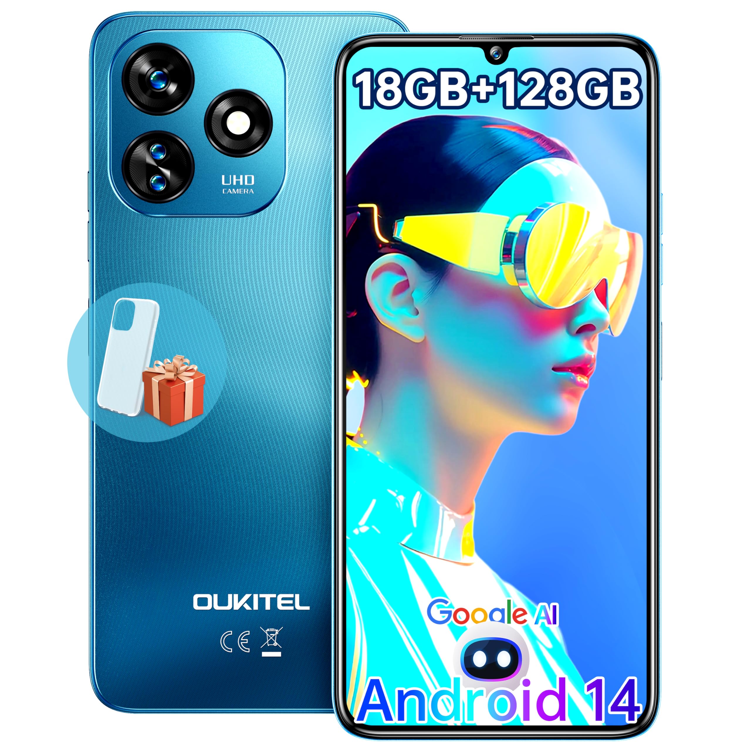 OUKITEL C51 Mobile Phones Sim Free Unlocked - 6.8" HD+ Display Smartphone 16GB+128GB/1TB, Android 13 Mobile Phones Dual Sim 4G, 13MP+5MP Camera, 5150mAh, Fingerprint+Face Unlock, OTG/GPS/Blue