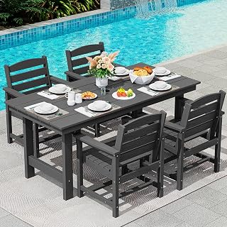 SERWALL 5-Piece HDPE Patio Dining Set with Umbrella Hole Table & 4 Chairs - All-Weather Outdoor Furniture for Garden, Backyard, Black