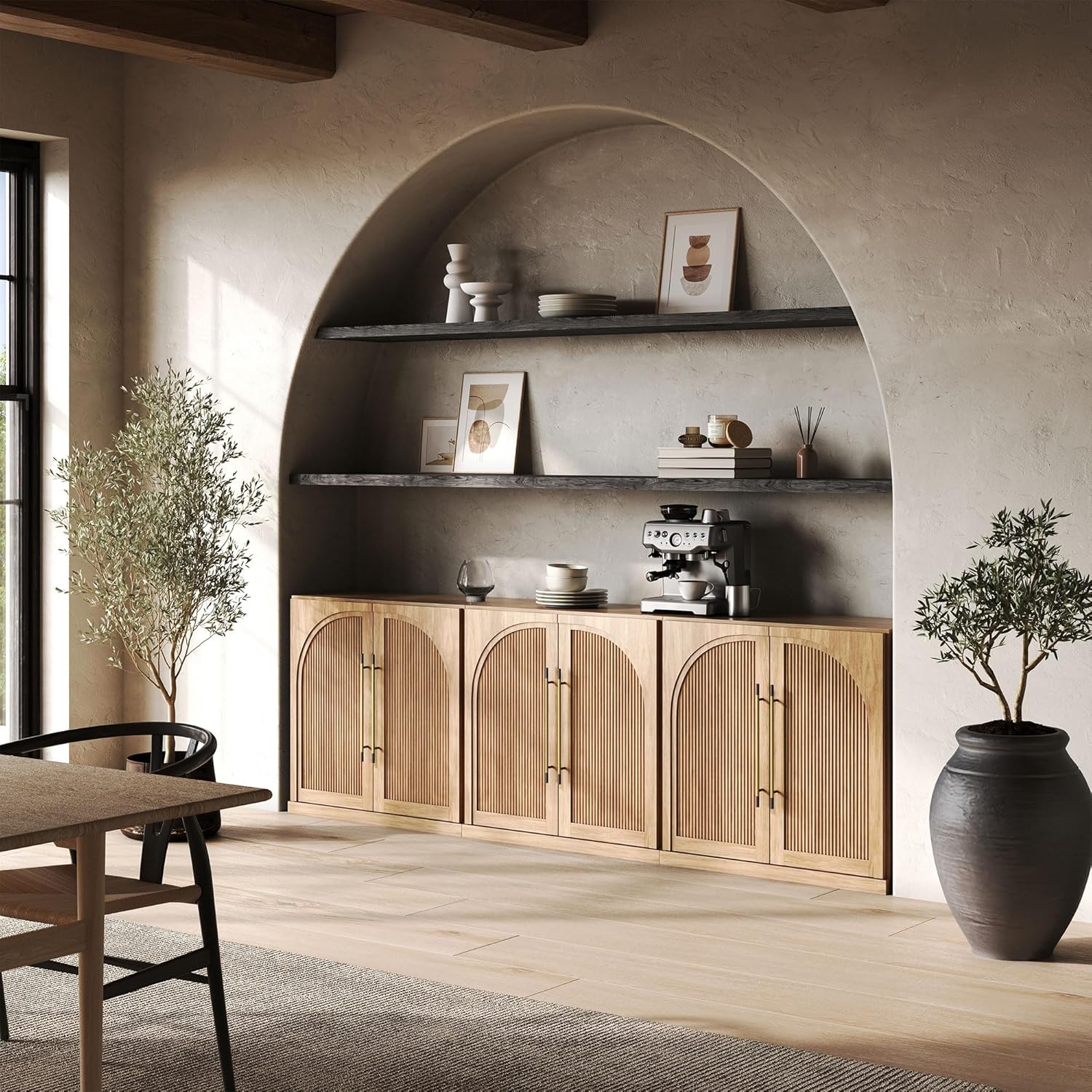 BELLEZE Set of 3 Modular Sideboard with Double-Arc Wood Doors, 97'' Arched Buffet Cabinet with Storage and Adjustable Shelves, Classic Modern Credenza for Dining Room Living Room Entryway (Camel)
