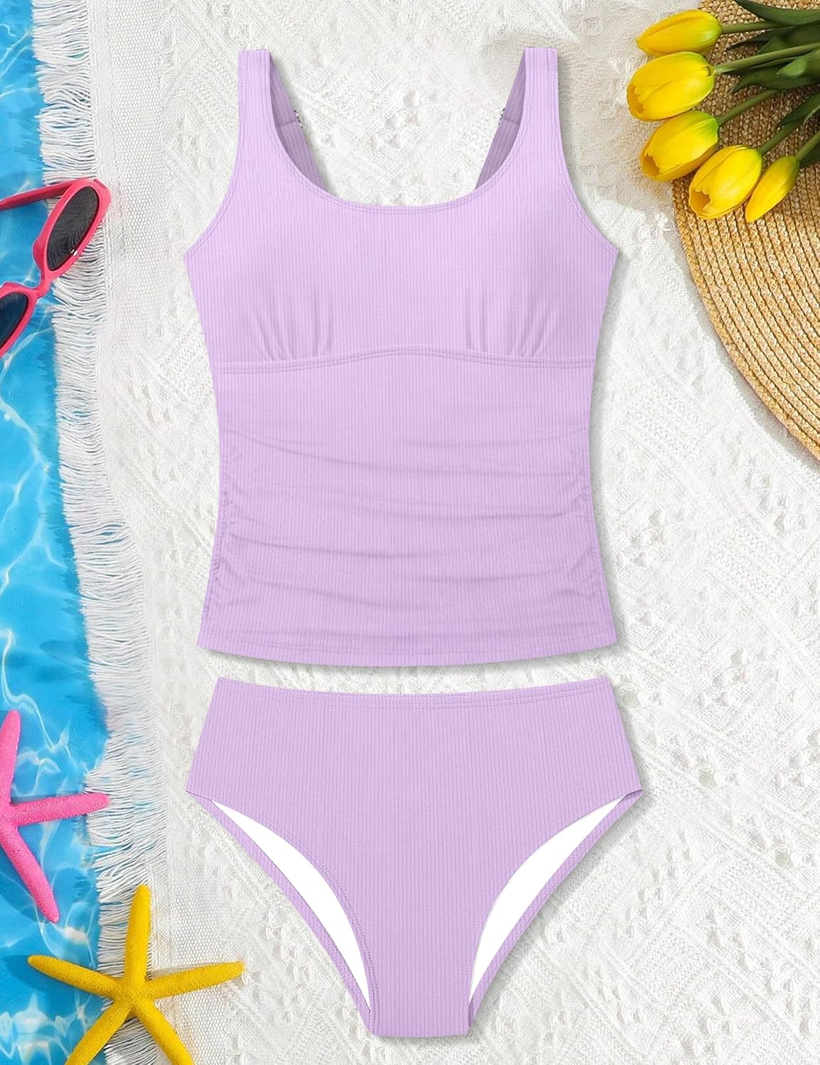 Girls Swimsuit Two Piece Ribbed Tankini Swimsuit Solid Color Ruched Bathing Suit Adjustable Straps Swimwear 9-16Y - Image 6