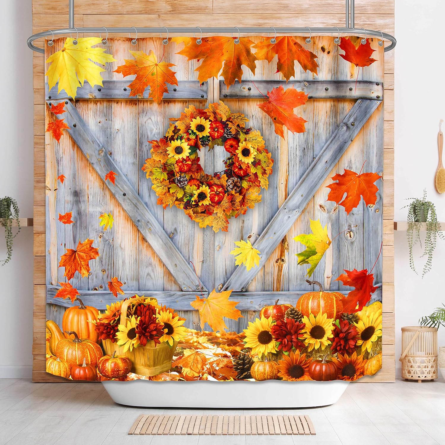 Amazon.com: Fall Shower Curtain Rustic Autumn Pumpkins Shower Curtains for Bathroom Maple Flower ...