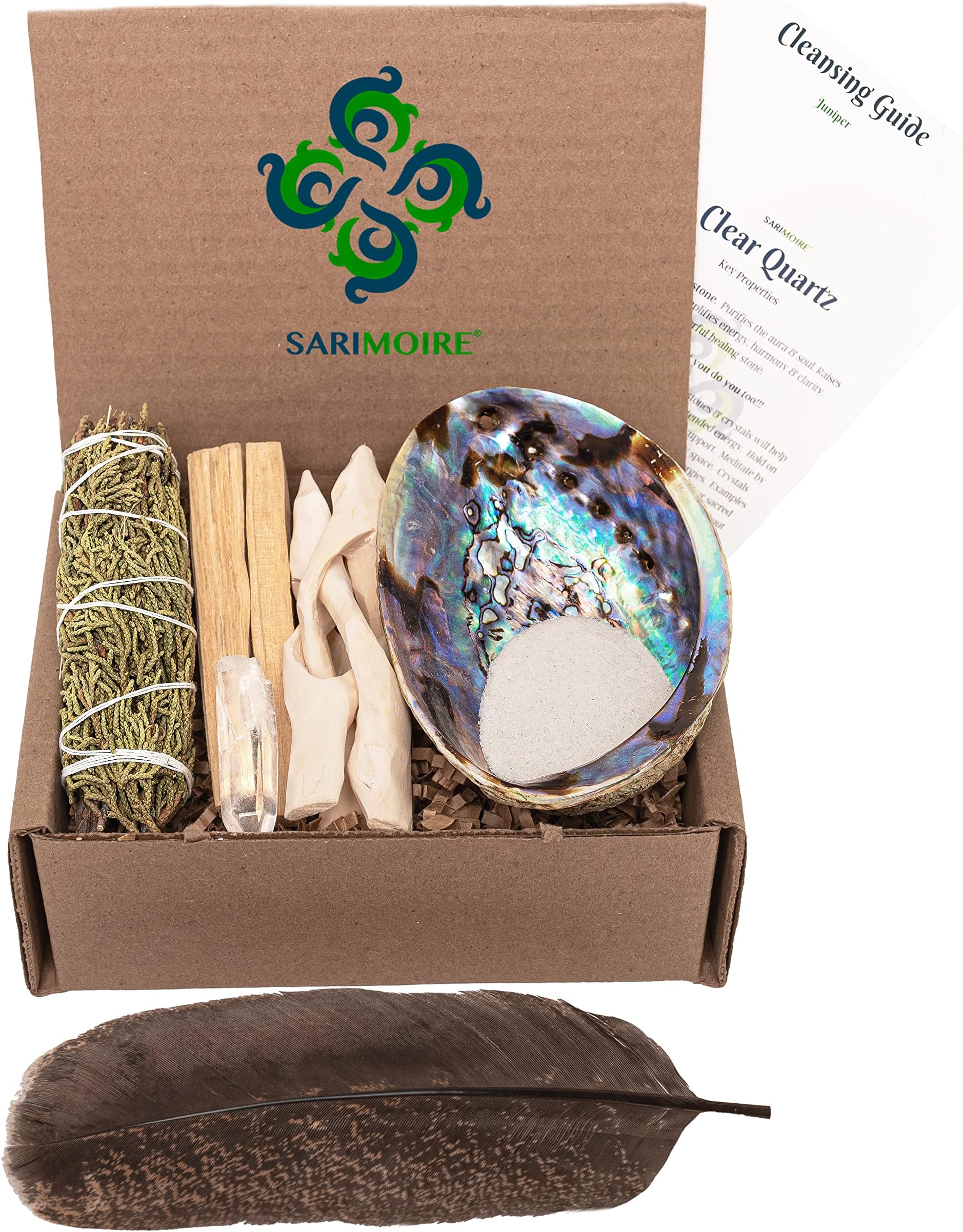 Spiritual Items - Juniper Smudge Stick ~ Abalone Shell for Smudging ~ Palo Santo Sticks ~ 2 inchTripod Stand ~ 8 inch Feather and White Sand