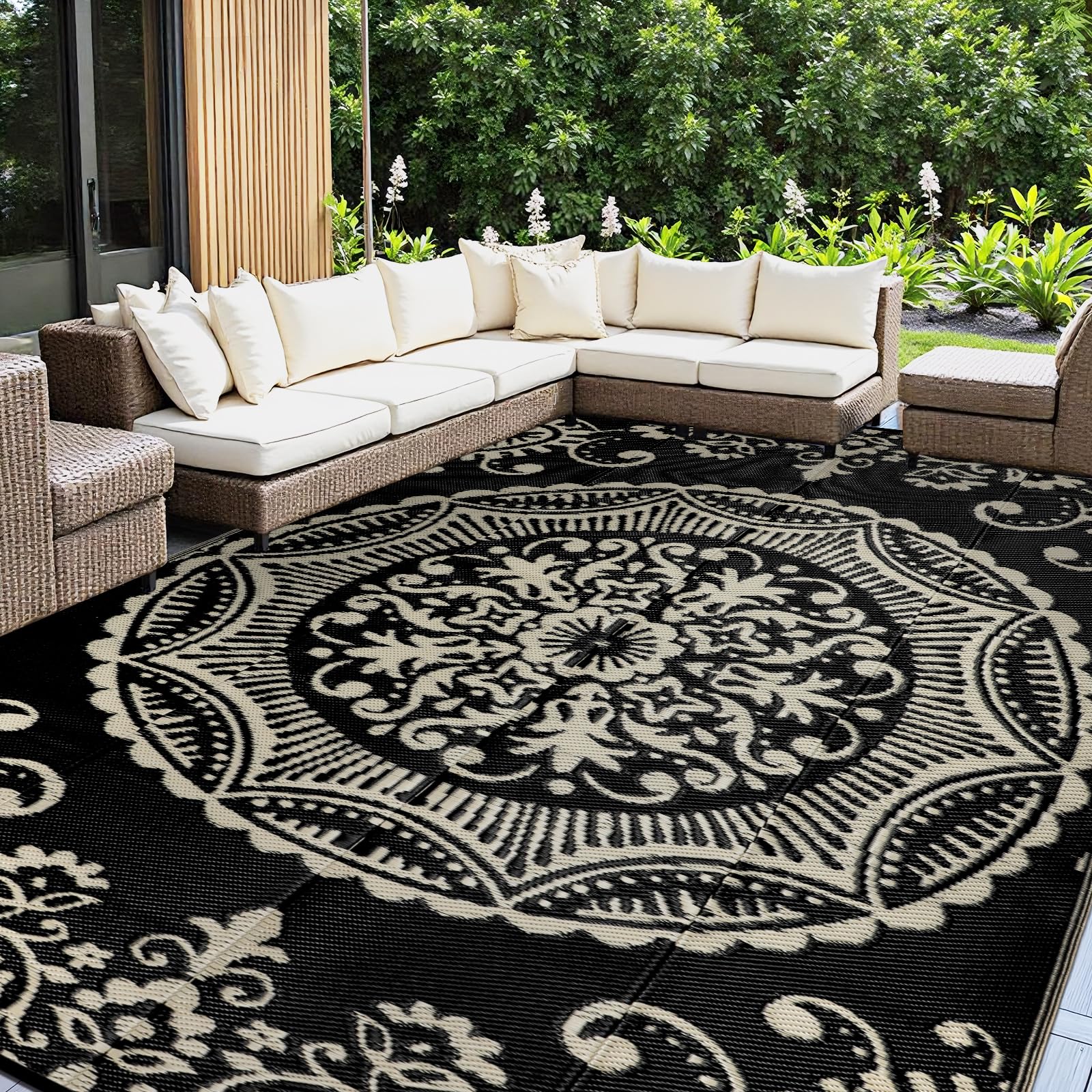 Capslpad Outdoor Teppich Wetterfest 270 x 365 cm, Balkon Teppich, Kunststoff Camping Teppich, Leichtgewicht Picknickdecke, Vorzeltteppich Outdoorteppich für Balkon, Picknick, Camping, Garten, Schwarz