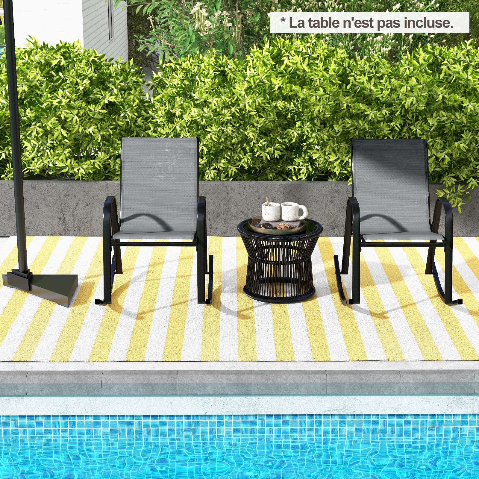 GOPLUS Lot de 2 Fauteuil Jardin Exterieur à Bascule en Textilène, 62 x 91 x 86 CM, Rocking Chair Cadre Métal avec Dossier Incurvé et Accoudoir Ergonomique, Charge de 150 KG, pour Jardin, Balcon (Gris)