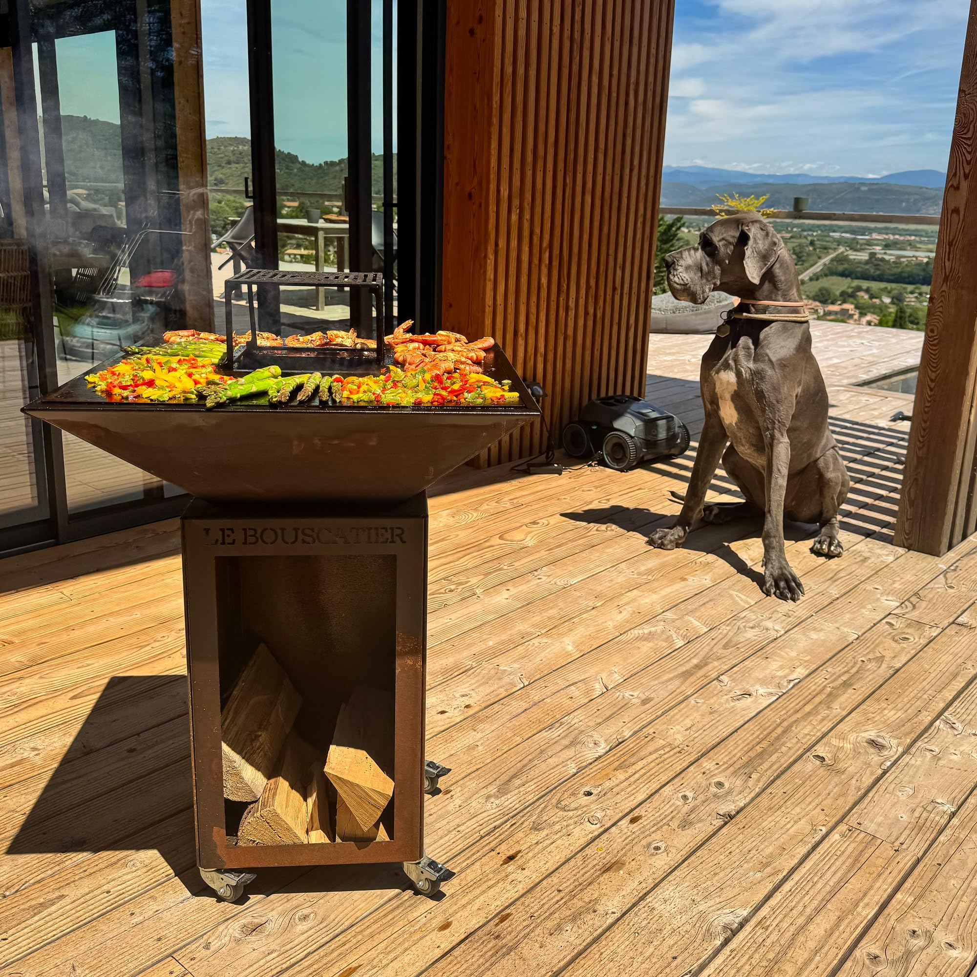 Brasero Plancha Acier Corten Barbecue Exterieur avec Rangement Bûches Grille Cuisson Stop Food Inclus