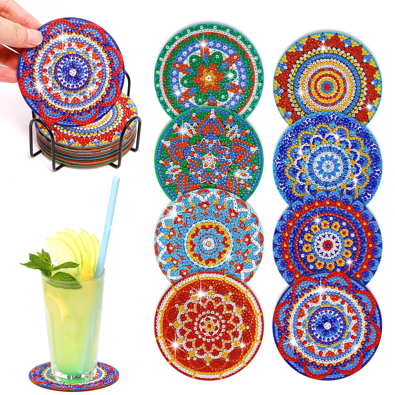 8Pcs Diamond Painting Coasters with Holder, Mandala Diamond Art Coasters Kit for Beginners, Adults & Kids Small Diamond Painting Kit Accessories Art Craft Supplies