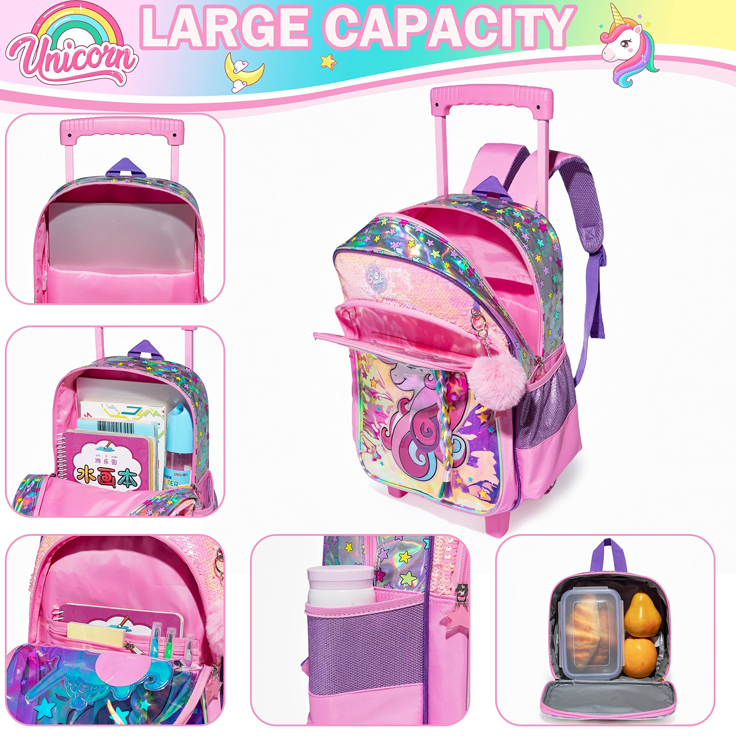Meetbelify Mädchen Rolling Backpack mit Rädern für Elementary Kindergarten Kinder Mint Koffer Set Travel Laptop Gepäck für Mädchen Alter 6-8