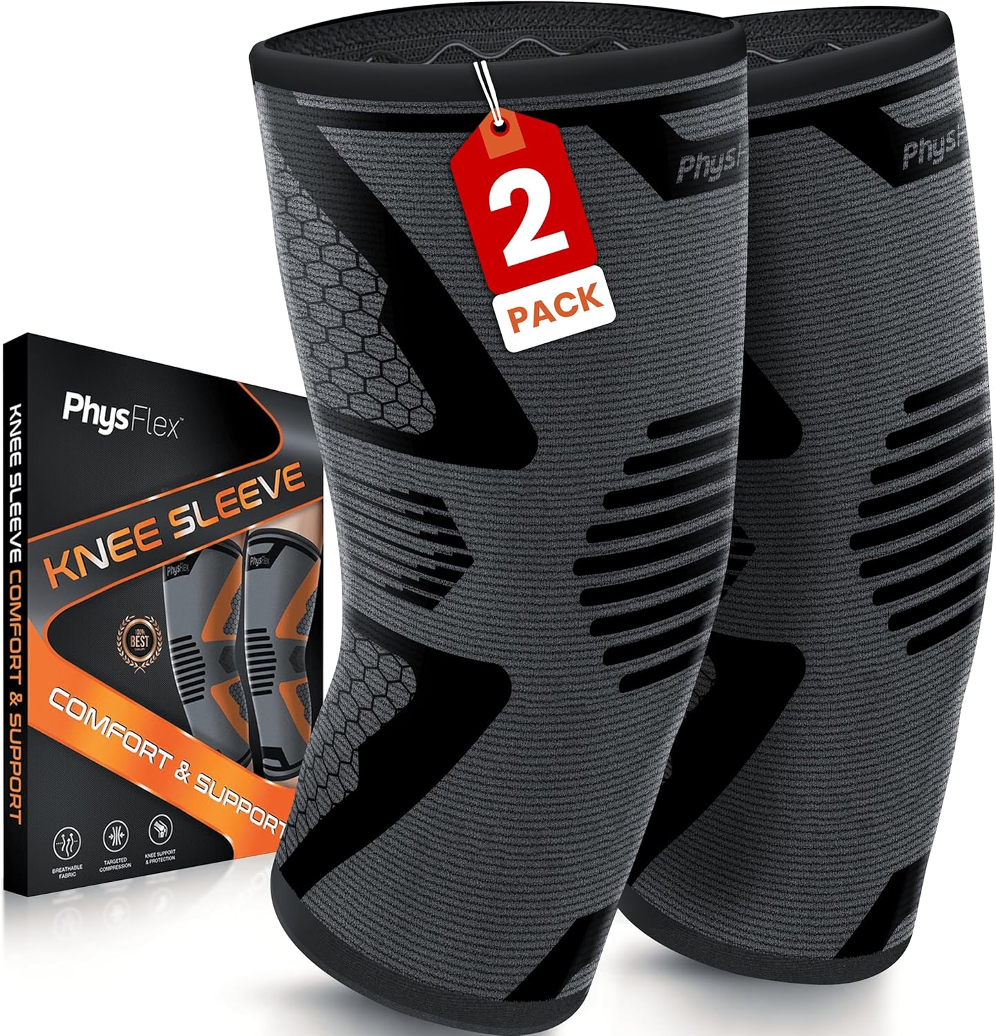 Knee Brace for Pain Relief - 2 Pack Knee Sleeves for Men and Women - Support for Weightlifting, Gym, Workout, Volleyball - Meniscus Tear, ACL, Arthritis