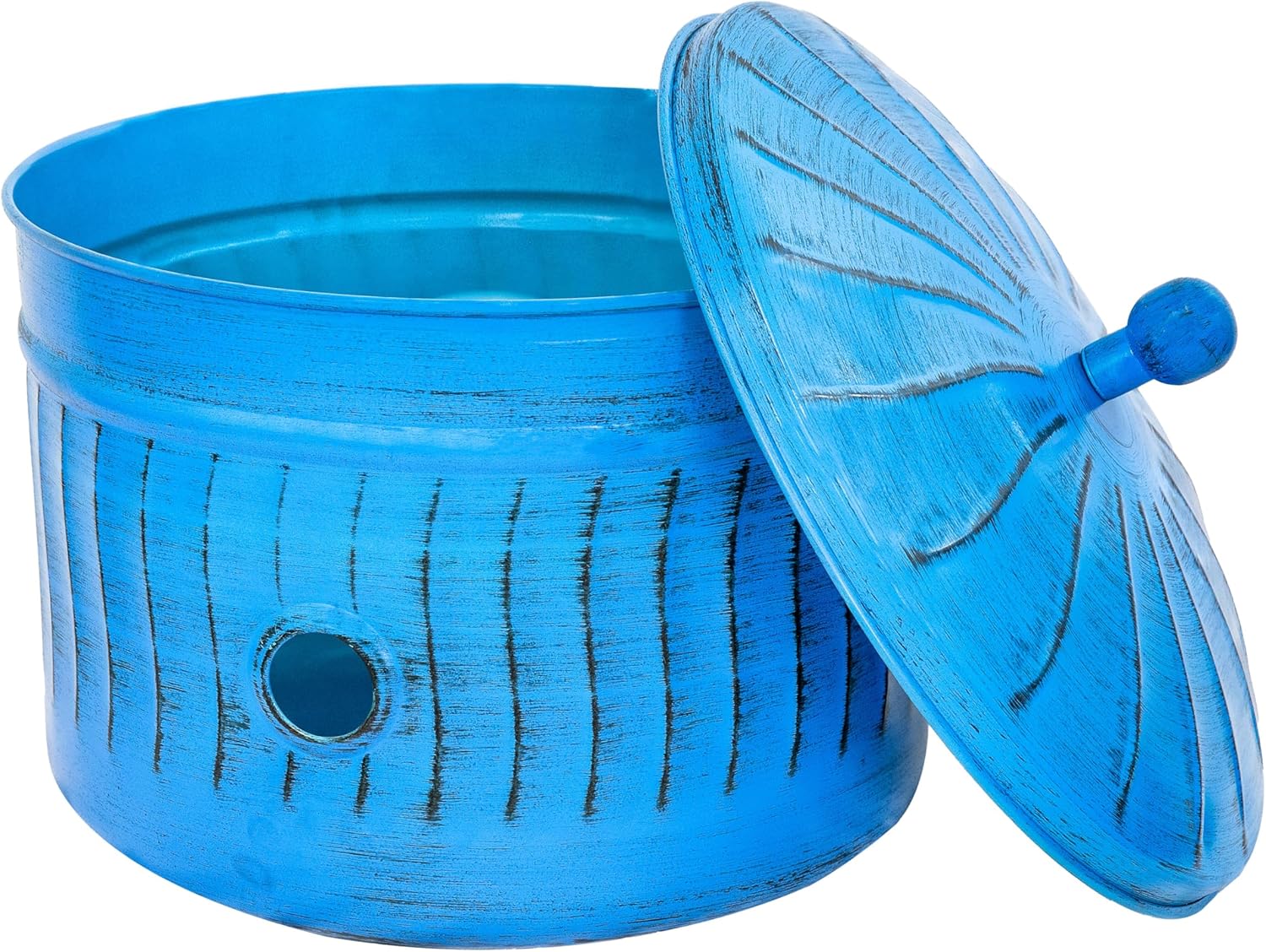 Sunnydaze Metal Garden Hose Pot for Outside with Lid - UV-Resistant 145-Foot Outdoor Hose Holder - Blue Patina Finish