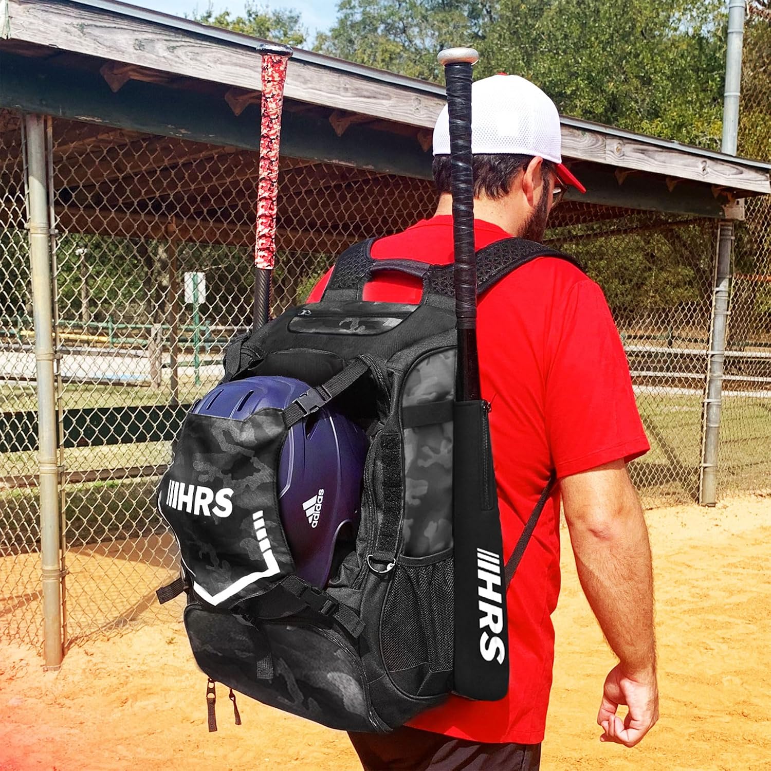 Hit Run Steal Bat Bag Backpack, Holds 4 Bats, Gloves, Helmet, and Cleats, Black Camo