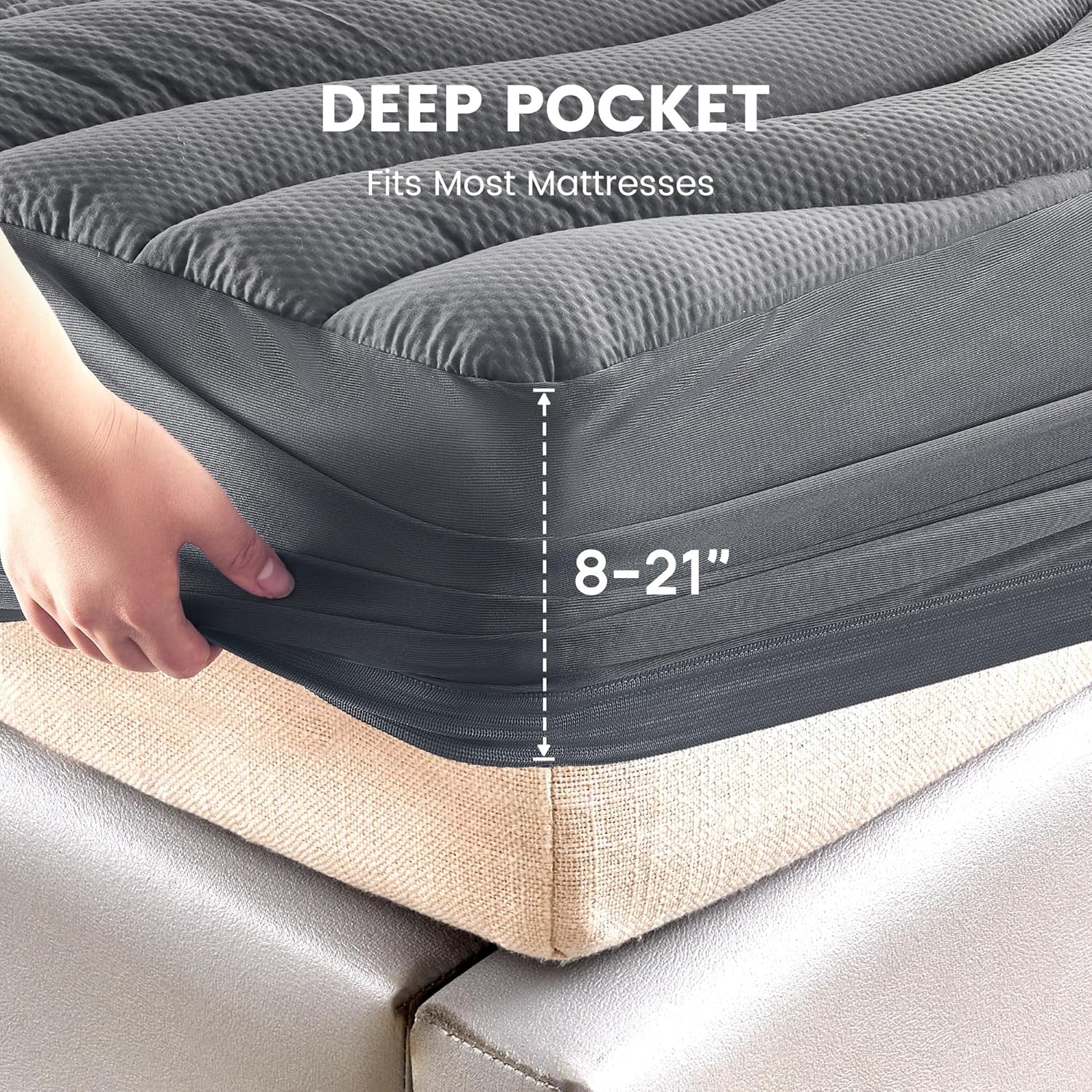 SLEEP ZONE Waterproof Mattress Pad Queen Size Deep Pockets, Extra Thick Fitted Cover for Back Pain, 60 x 80 Inches (Grey, Queen)