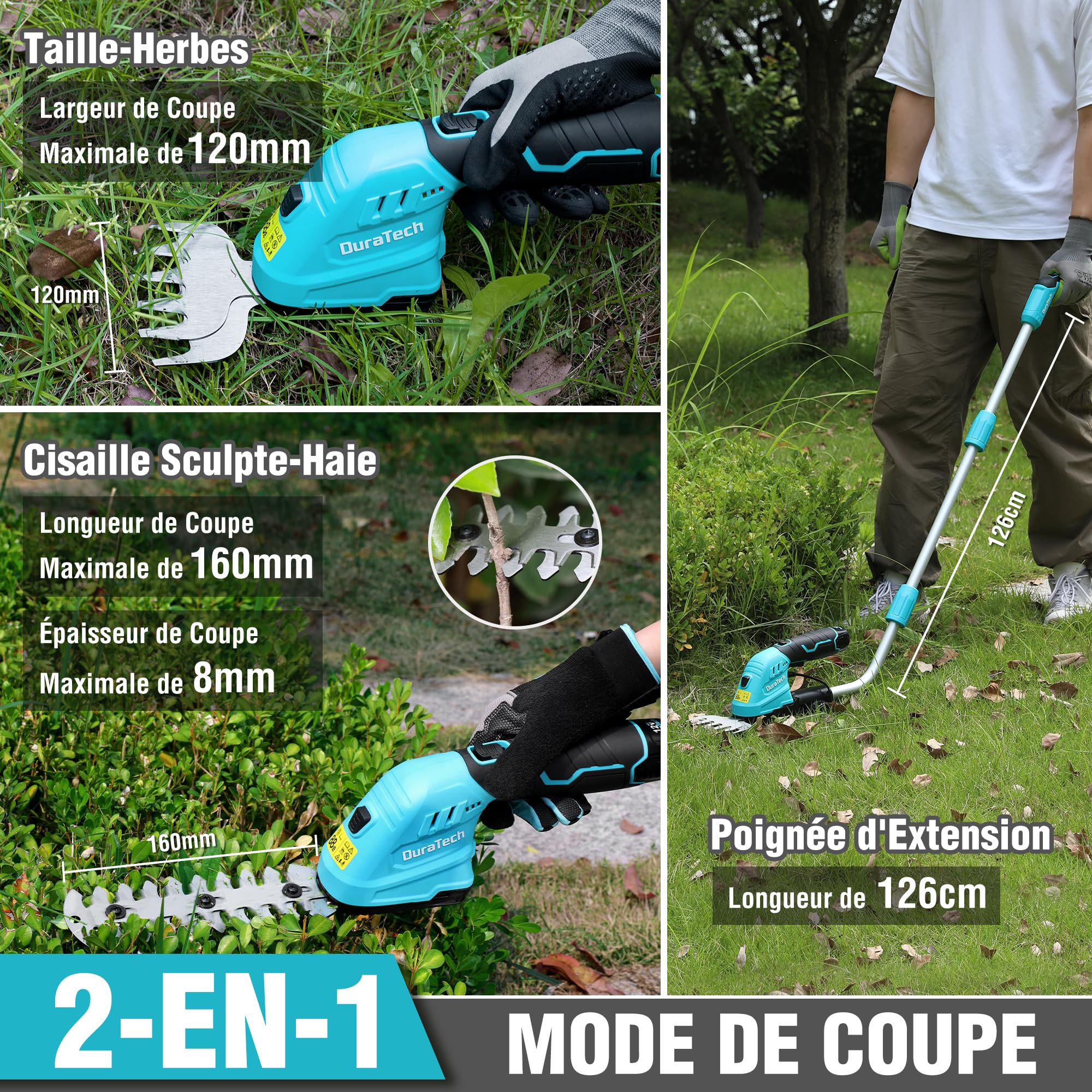 DURATECH Cisaille Sculpte-Haie Électrique et Taille-Herbes Téléscopique sans Fil 12V, Cisaille à Gazon 2 en 1, Largeur/Longueur de Coupe 12/16 cm, Batterie 2000mAh, pour Coupe, Élagage, Bleu & Noir