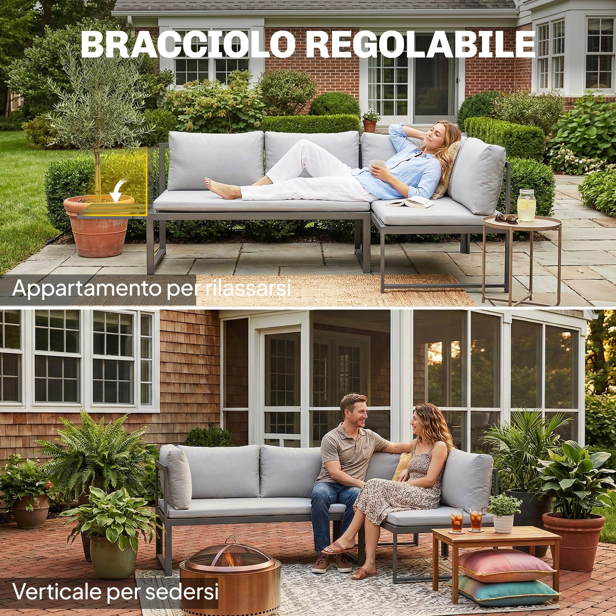 Outsunny Set Salotto da Giardino 3 Pezzi, Set di Mobili da Giardino con 2 Divani 2 Posti con Braccioli Regolabili, Tavolino a Doghe, Cuscini, Struttura in Metallo, Salottino da Esterno ad L, Grigio