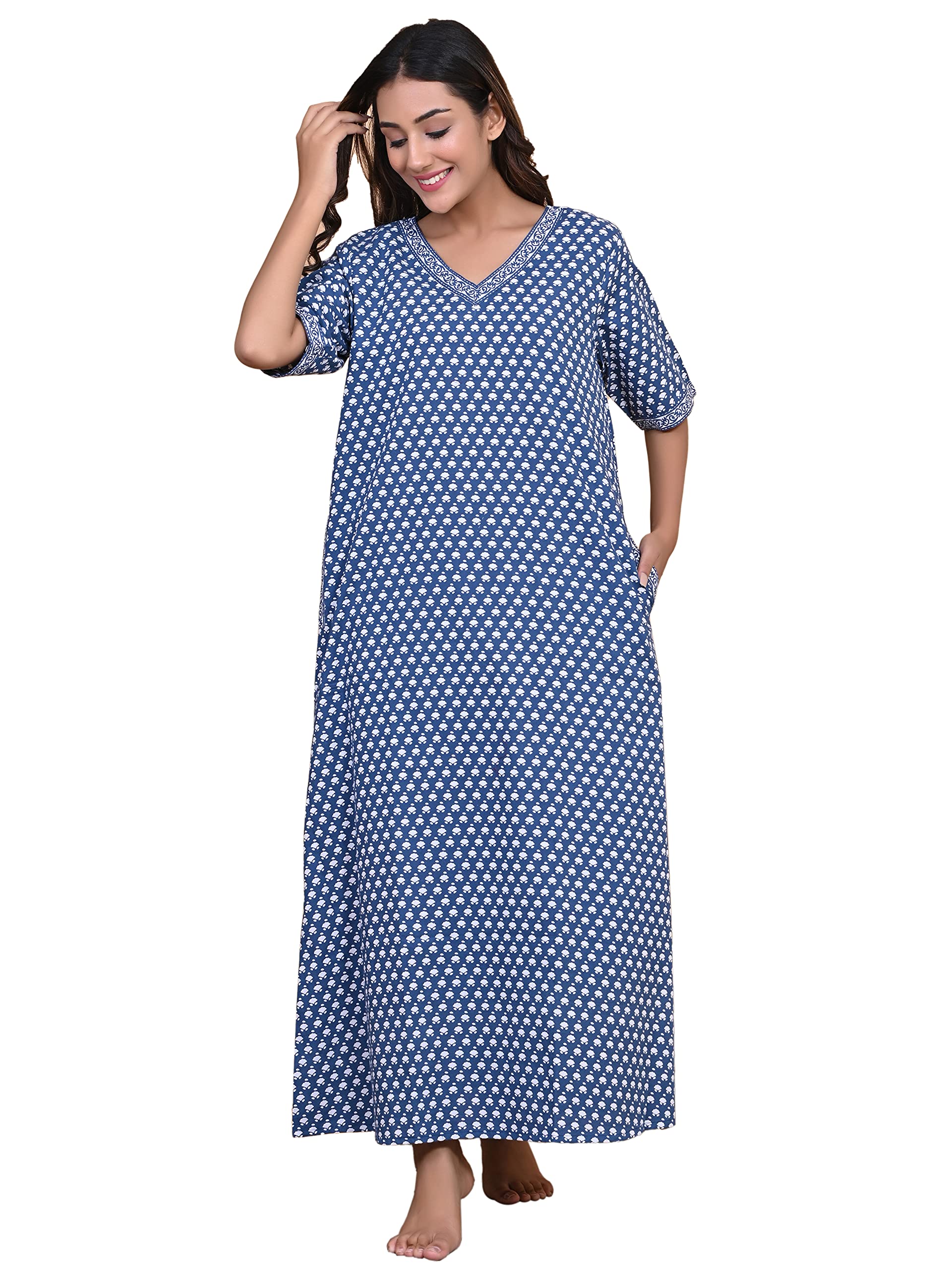 Royale paisley Pure Cotton Night Dress | Blue Printed Nighty for Girls - Evening Gown Maxi Dress for Women