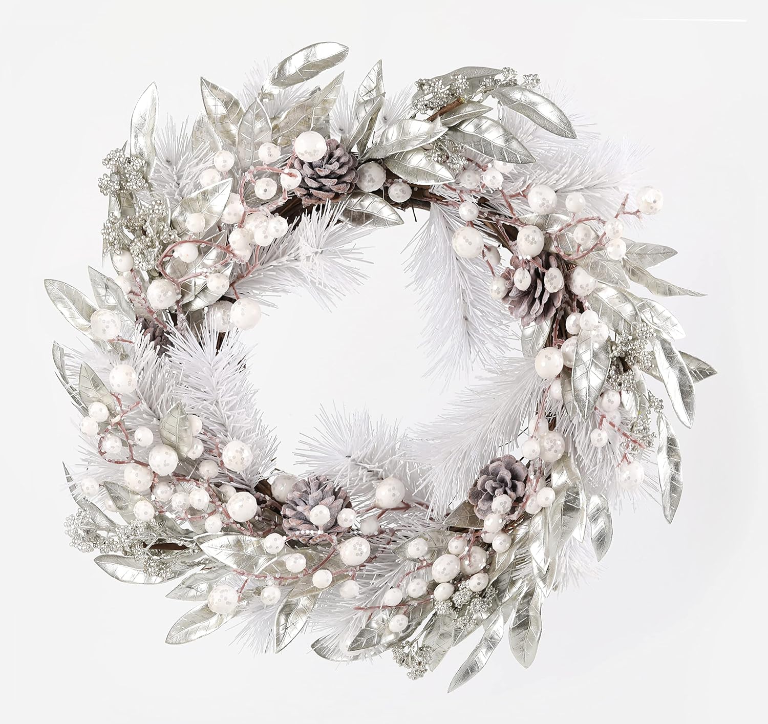 Winter Christmas White Wreath 20 Inch Front Door Wall Window Decorations Wreath with White Berries and Iced Pine Cones Cedar Indoor Home Party Decor