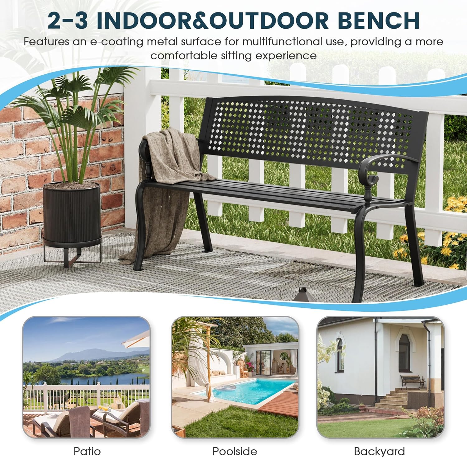 Outdoor Bench, 50 inches Metal Garden Bench, Cast Iron Steel Frame Patio Chairs w/Twist Circle Pattern Backrest for Park, Yard, Porch, Lawn, Balcony, Backyard, Black
