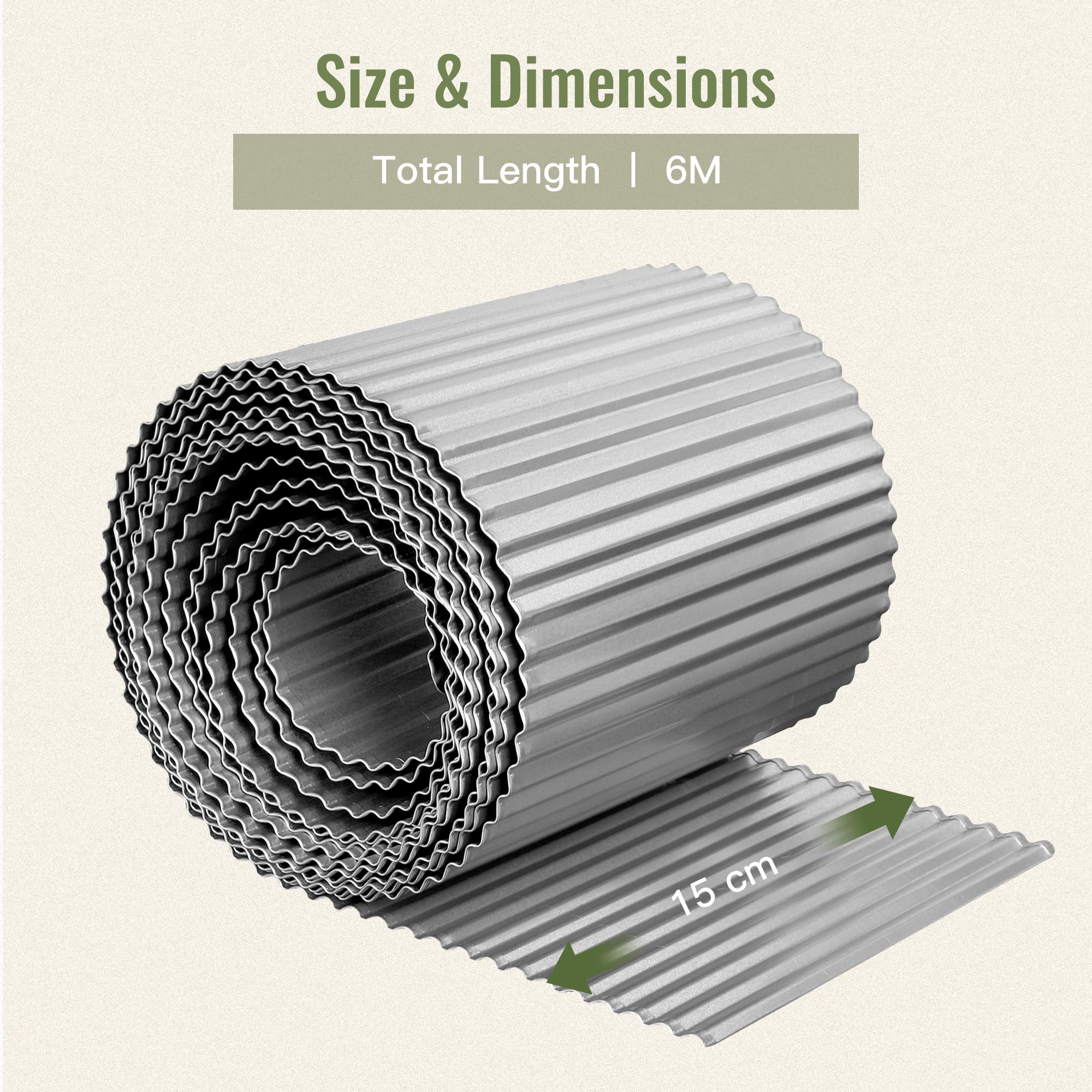 Rollo de borde de césped de metal galvanizado de 6 m, estrecho ondulado, alto 15,24 cm, bordes resistentes para parterres y camino K653A01