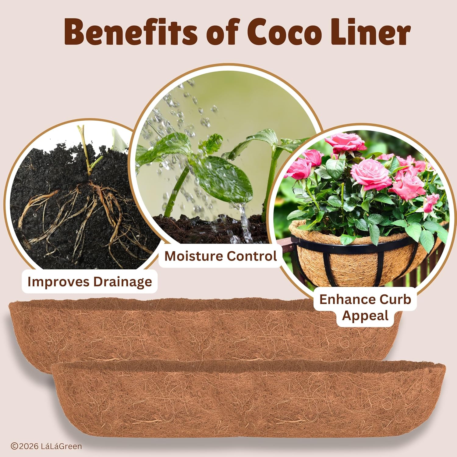 LaLaGreen Bundle- 2 Pack, 48 Inch Rectangular Metal Basket with Coco Liner + 2 Pack, 48 Inch Coconut Coir Replacement Extra Large Plant Holder Modern Balcony Outdoor Decor Window Fence Rail Porch Deck