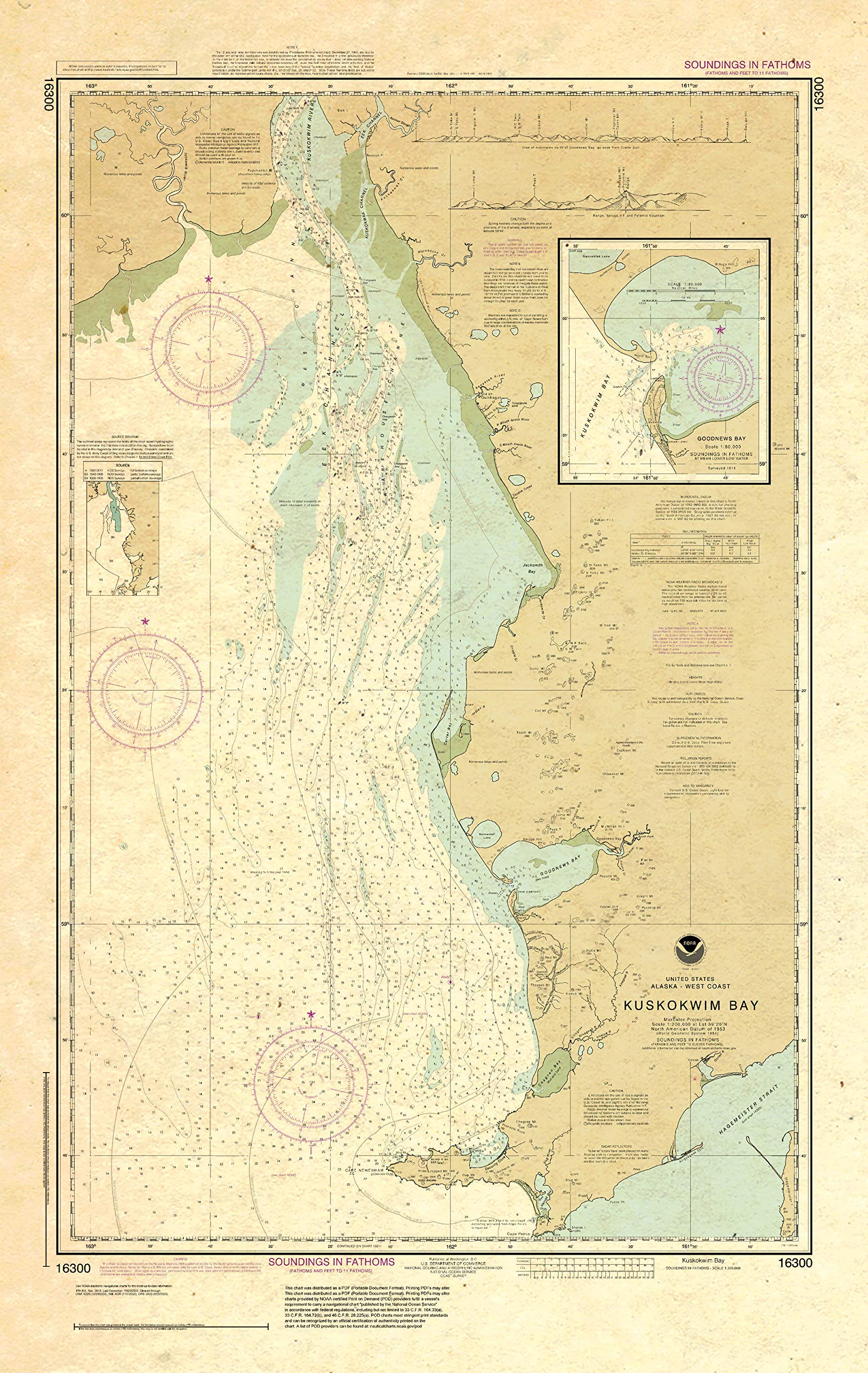 Paradise Cay Publications, Inc. Antiqued NOAA Chart 16300: Kuskokwim Bay; Goodnews Bay
