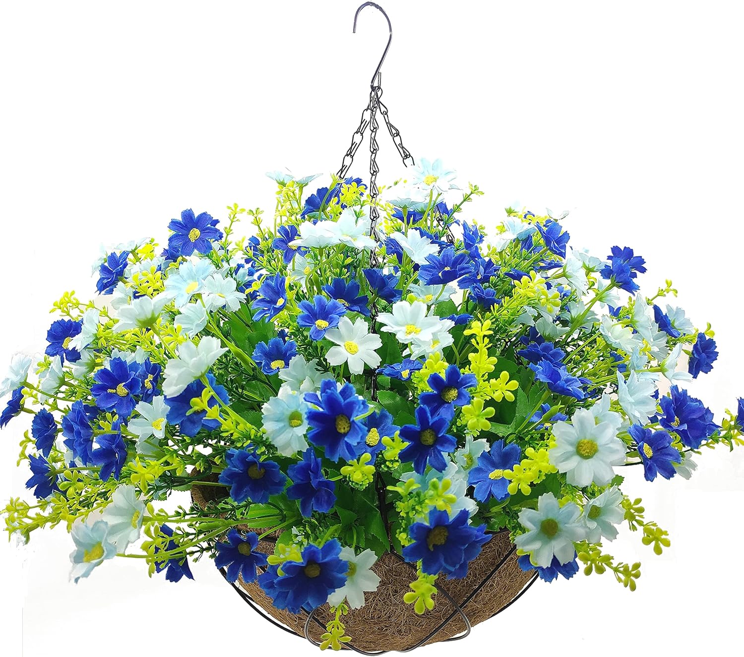 Artificial Faux Hanging Plants Flowers Basket for Summer Autumn Outdoor Outside Porch Decoration, Fake Silk Colorful Daisy Eucalyptus UV Resistant Look Real for Home Patio Balcony Yard