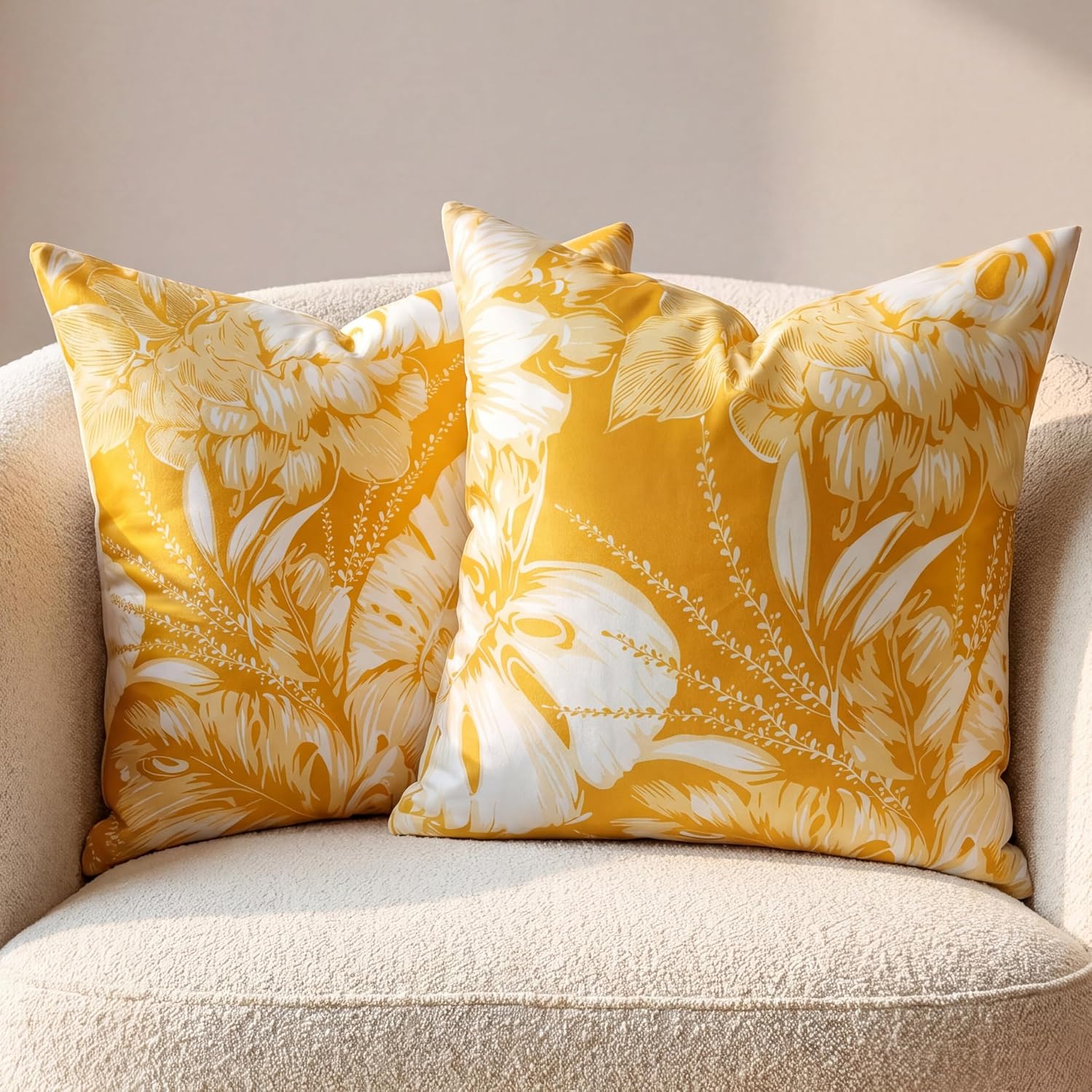 ERYOGS Decorative Velvet Throw Pillow Covers 18x18 Inch Set of 2, Yellow Tropical Leaf Botanical Pillow Covers, Boho Farmhouse Cushion Covers for Couch Sofa Bed Living Room Home Decor