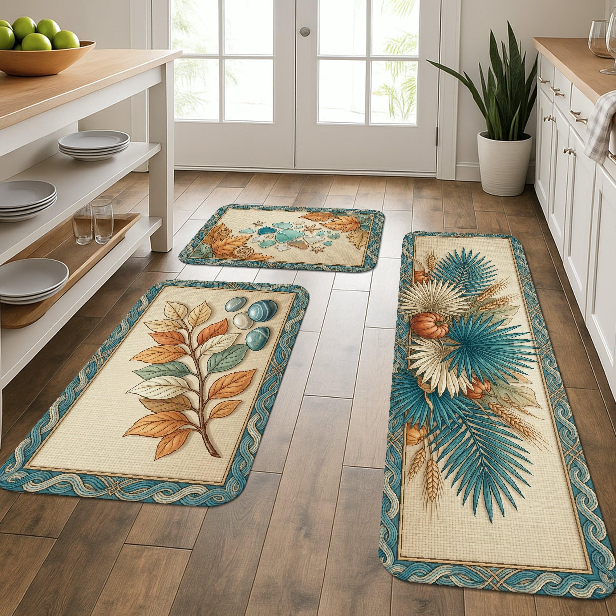 Tapis de cuisine lavable et épais motif feuilles rustiques bleu sarcelle lot de 3