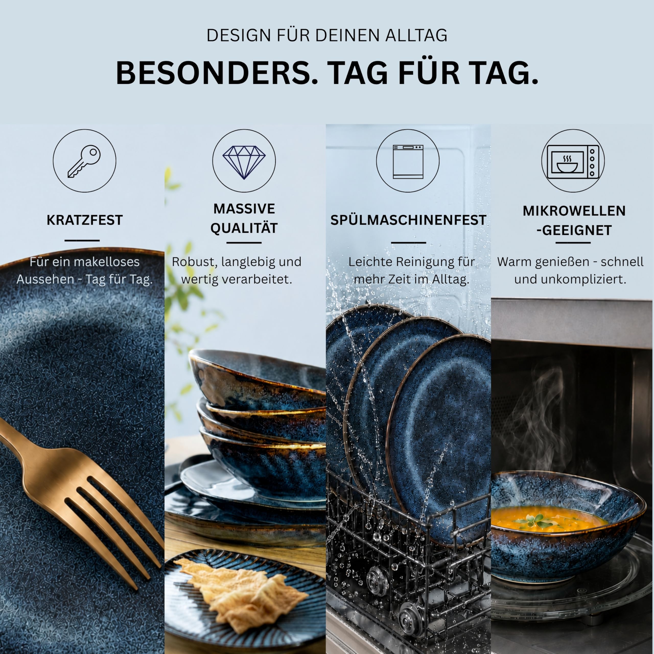 Sänger | Teller Set Tokio 12 tlg, Steingut Geschirrset 4 Personen, Tafelservice inkl. Speiseteller Kuchenteller & Schüssel Set, Speiseservice Dunkelblau mit Schwarzen Akzenten | PREMIUM COLLECTION
