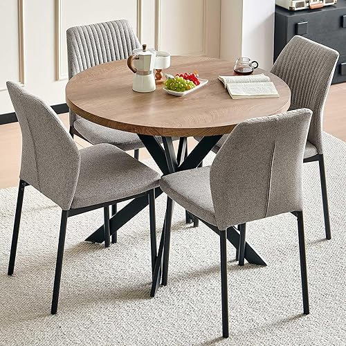 Miniatura 10 de Juego de mesa de comedor para 4, mesa de comedor rectangular irregular de madera moderna, sillas de comedor de cuero, 4 mesas y sillas, juego de 4