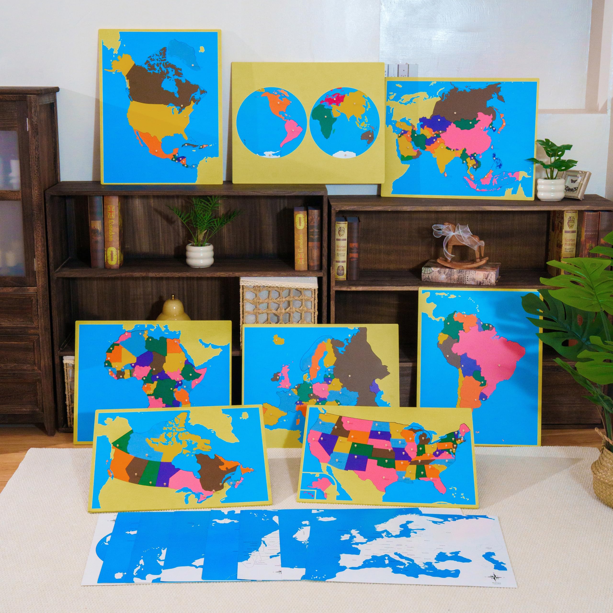 Materiales de geografía Montessori – Mapas del mundo, países continentes, juguetes educativos de madera para preescolar, clases de educación en casa a partir de 3 años (Montessori 8 rompecabezas de