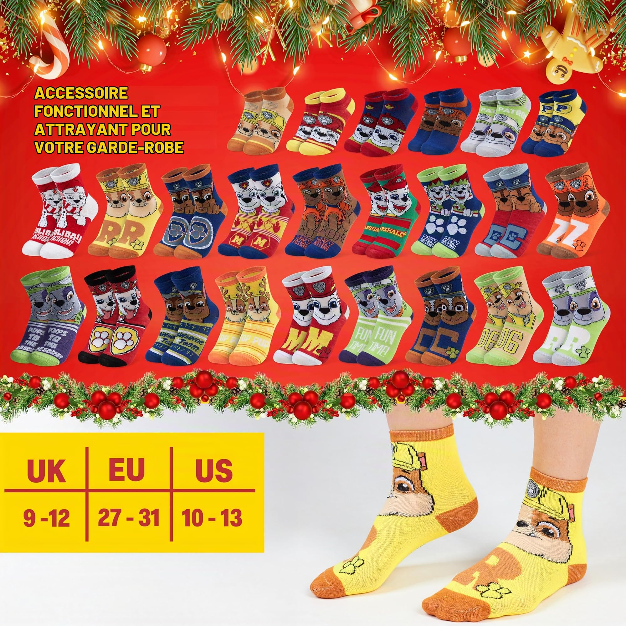 Get Trend Pat Patrouille Chase Calendrier de l'Avent 2026 à 24 Chaussettes | EU 27 à 31, Chaussettes Fantaisie, Doux et Respirant, Compte à Rebours avant Noël, Cadeau Enfants et Ados (Multi Chase)
