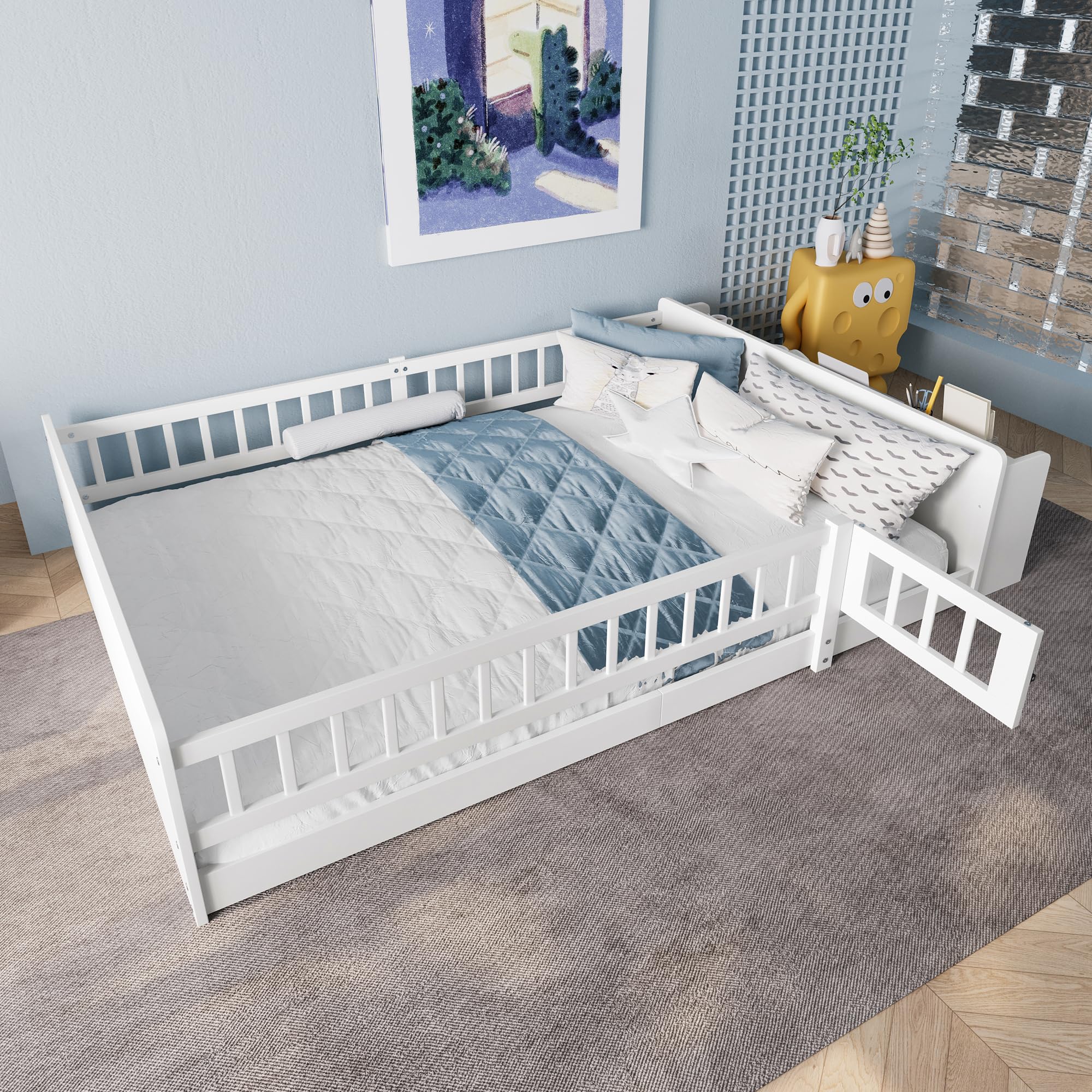 Merax Kinderbett Bodenbett 140x200 cm mit Rausfallschutz & Lattenrost, öffnbarem Zaun - Montessori Bett mit offenem Stauraum & Ablagen, Holz Bettgestell, Jugendbett, bis 200 kg belastbar