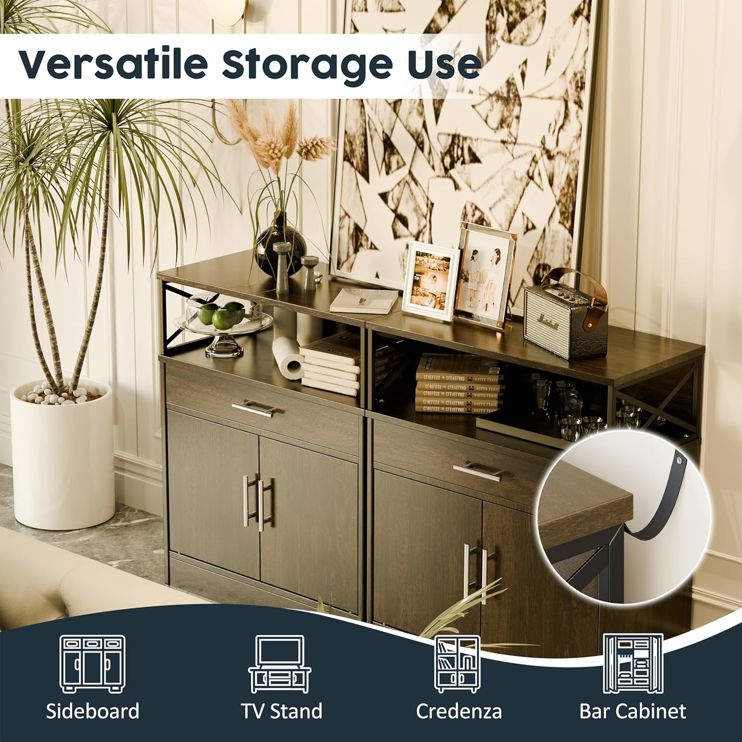 SUNLEI Wooden Buffet Cabinet with Sideboard, Kitchen Storage Cabinets with 2 Doors and 1 Drawers, Farmhouse Coffee Bar Cabinet with Adjustable Shelf & Open Storage, Brown