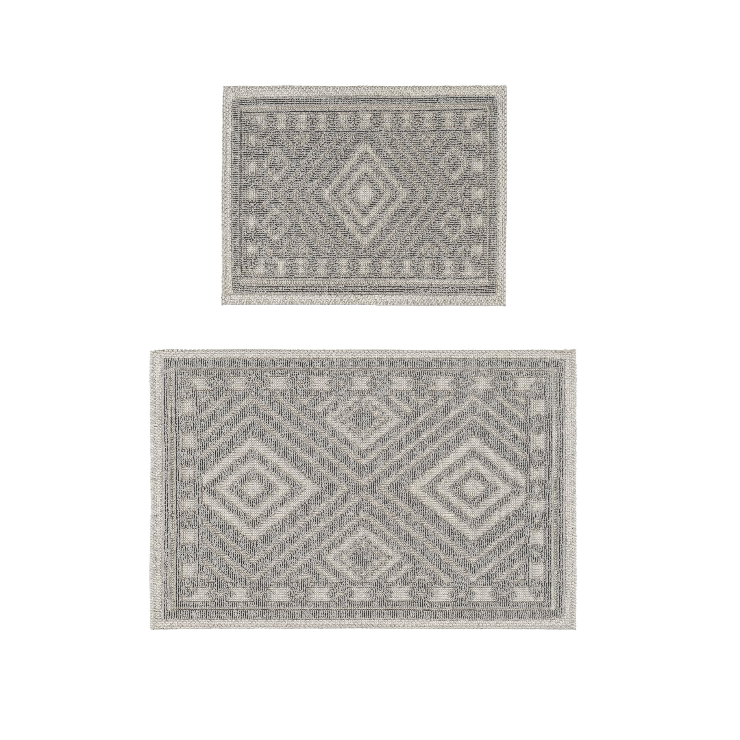 Ruglenza Bathroom Mat Set – 2 Piece Non Slip Cotton Bath Mats for Bathroom & Shower, Textured Loop Bath Rug Set, Quick Dry, Machine Washable, Easy Clean (Cream/Grey-BK05, 50 x 120 CM)