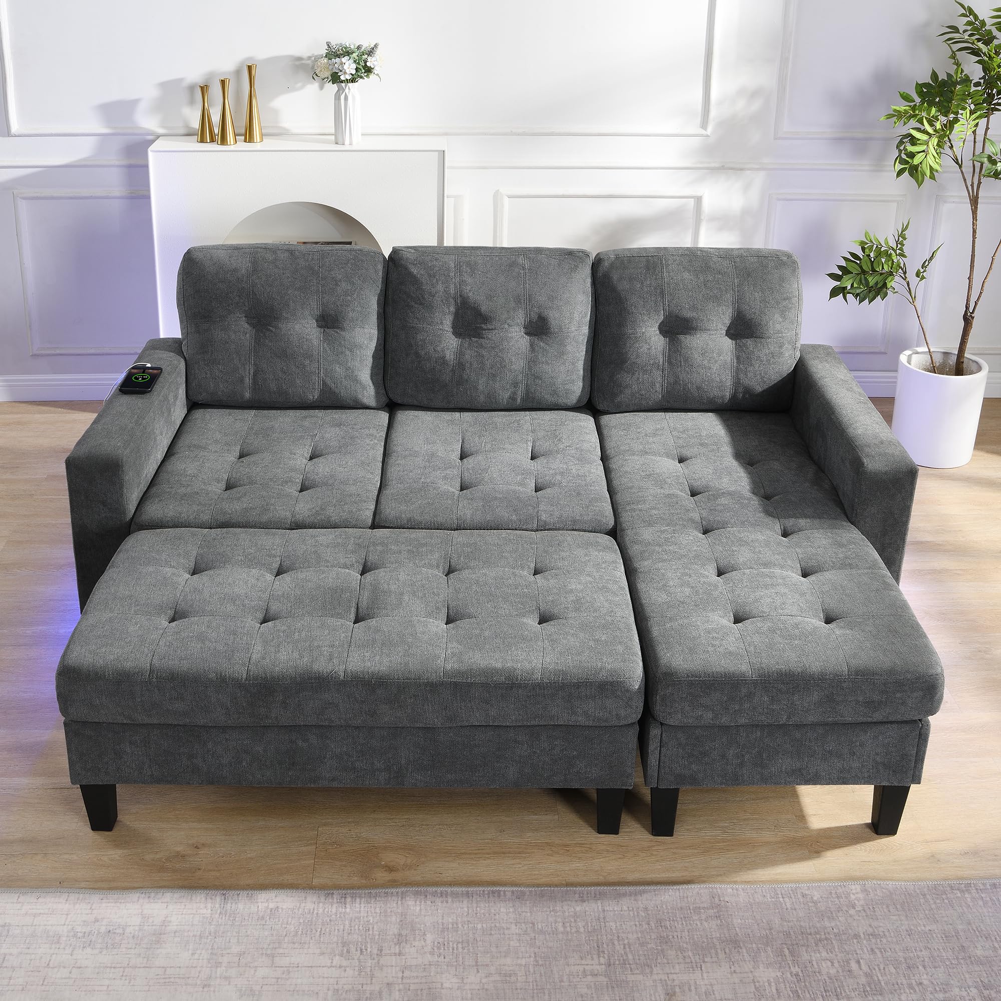 Sapgaks Canapé d'angle Convertible en Forme de L avec LED,Port de Charge USB,Repose-Pieds Mobile Extra-Large,canapé 3 Places avec Coussin,canapé lit modulaire Moderne,Chenille (D-Gris)