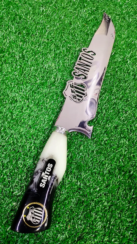 Faca Artesanal para Churrasco Picanheira, Aço Inoxidável, 10 Polegadas, com Bainha em Couro Sintético, Lâmina 25,4cm - Santos FC