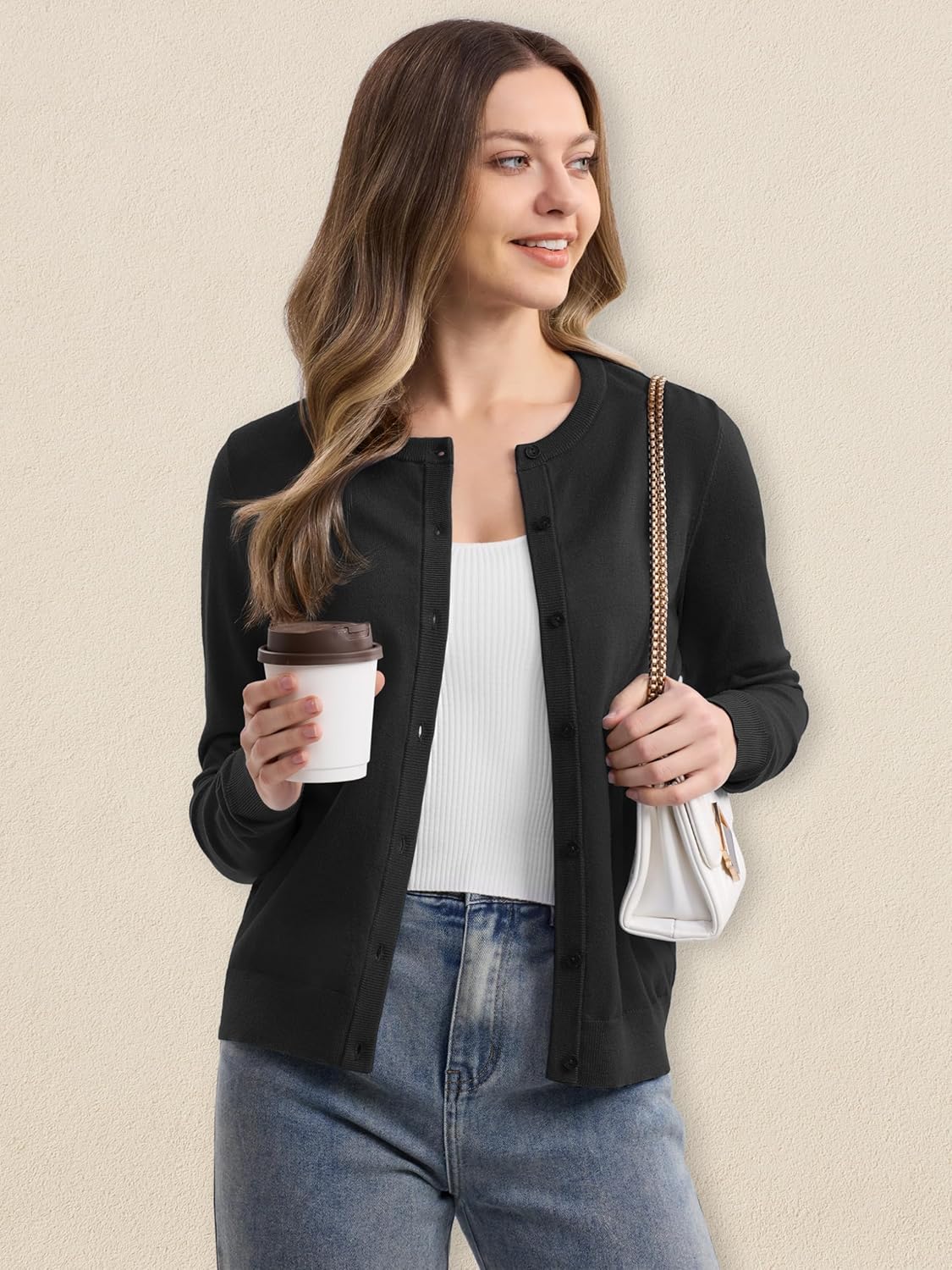 MAGCOMSEN Women's Cardigan Sweaters Lightweight Knit Soft Crew Neck Long Sleeve Open Front Button Spring Casual Cardigan - Image 4