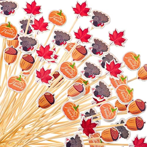 Púas de cóctel de Acción de Gracias, aperitivo de comida de Acción de Gracias, palillos de bambú para comida de Acción de Gracias, palitos de