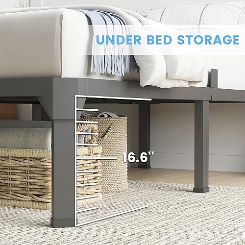 Miniatura 12 de Base de cama Queen con tapón deslizante para colchón, marco de cama de plataforma de metal de 14 pulgadas, marco de cama alto resistente, no (14