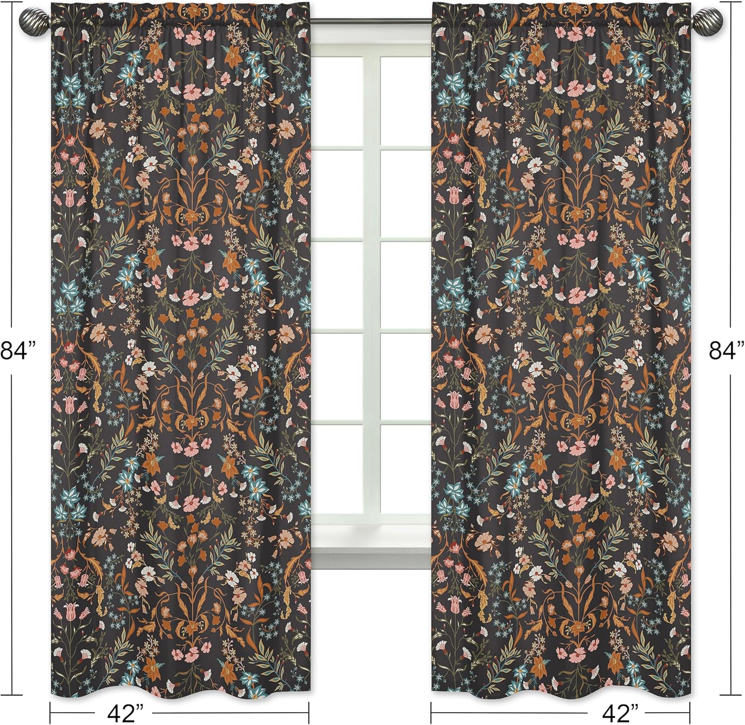 Sweet Jojo Designs Boho Wildflower Vintage Floral Girl Window Curtains Treatments Panels Baby Nursery Kids Bedroom Kitchen Room - Set of 2 - Black Orange Teal Bohemian Farmhouse Botanical Cottagecore