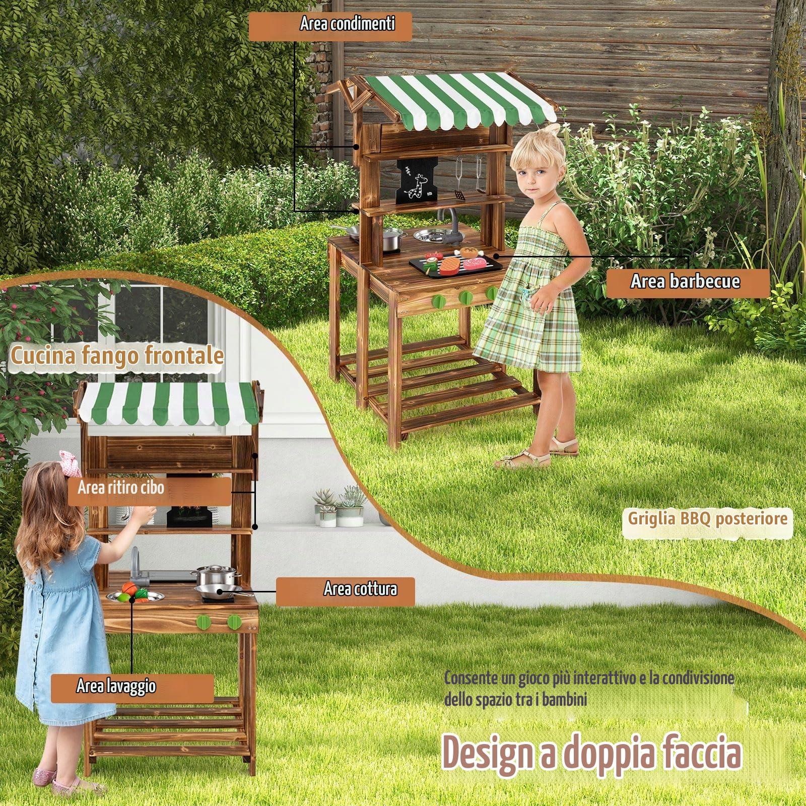HOMASIS Cucina da Esterno in Legno con Tettoia, Cucina Giocattolo per Bambini a Doppia Faccia con Lavagna, Rubinetto, 4 Utensili e 2 Ganci, Barbecue Giocattolo per Bambini da 3+ Anni, Verde